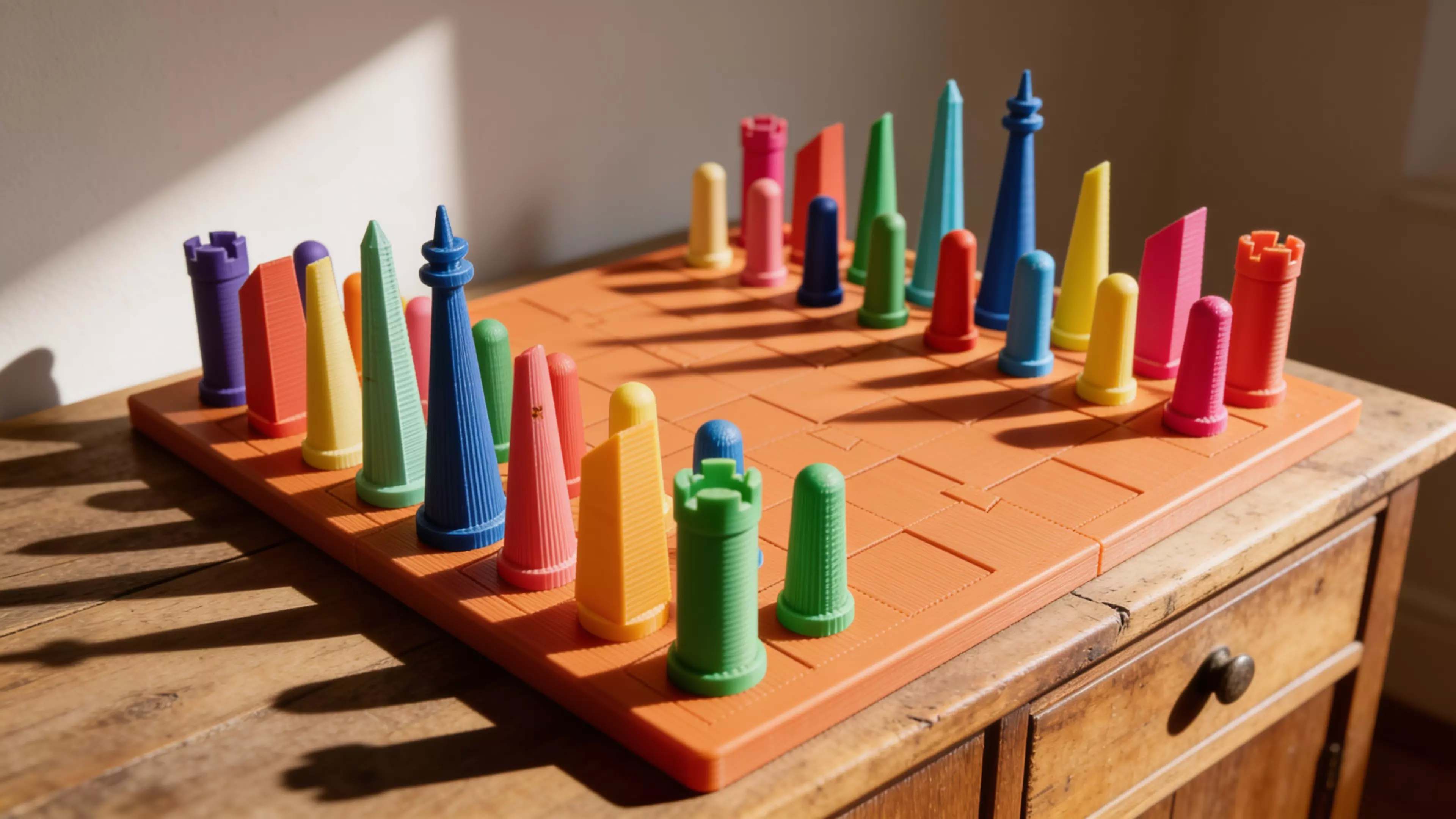 A 3D-printable alignment themed san francisco chess set (f).