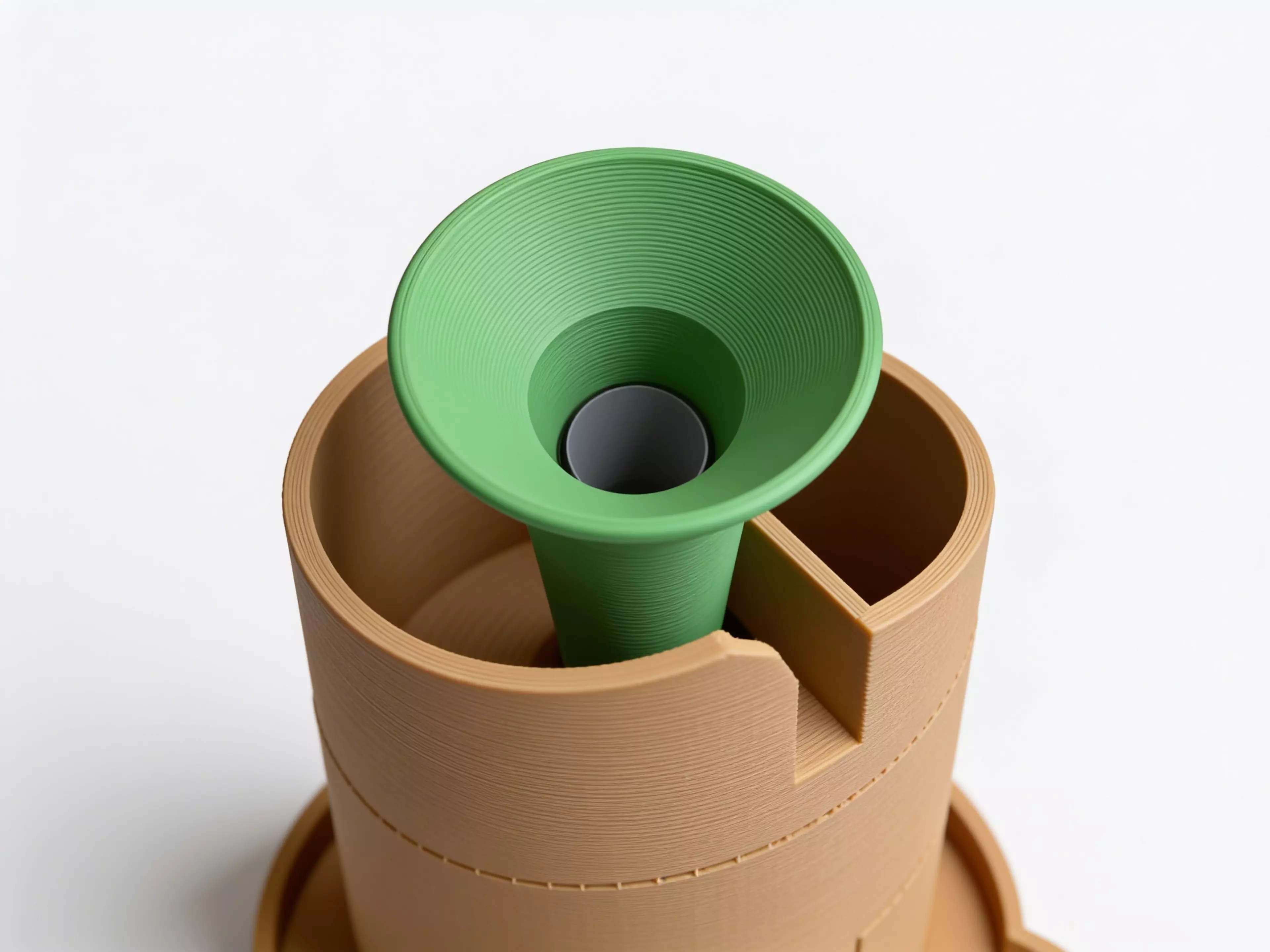 A 210 mm tall helical dice tower: a funnel hopper feeds dice onto a spiral ramp that winds 2.42 turns around a central pillar, contained by overlapping guide walls, exiting through a domed chute near the base onto an integrated landing tab.