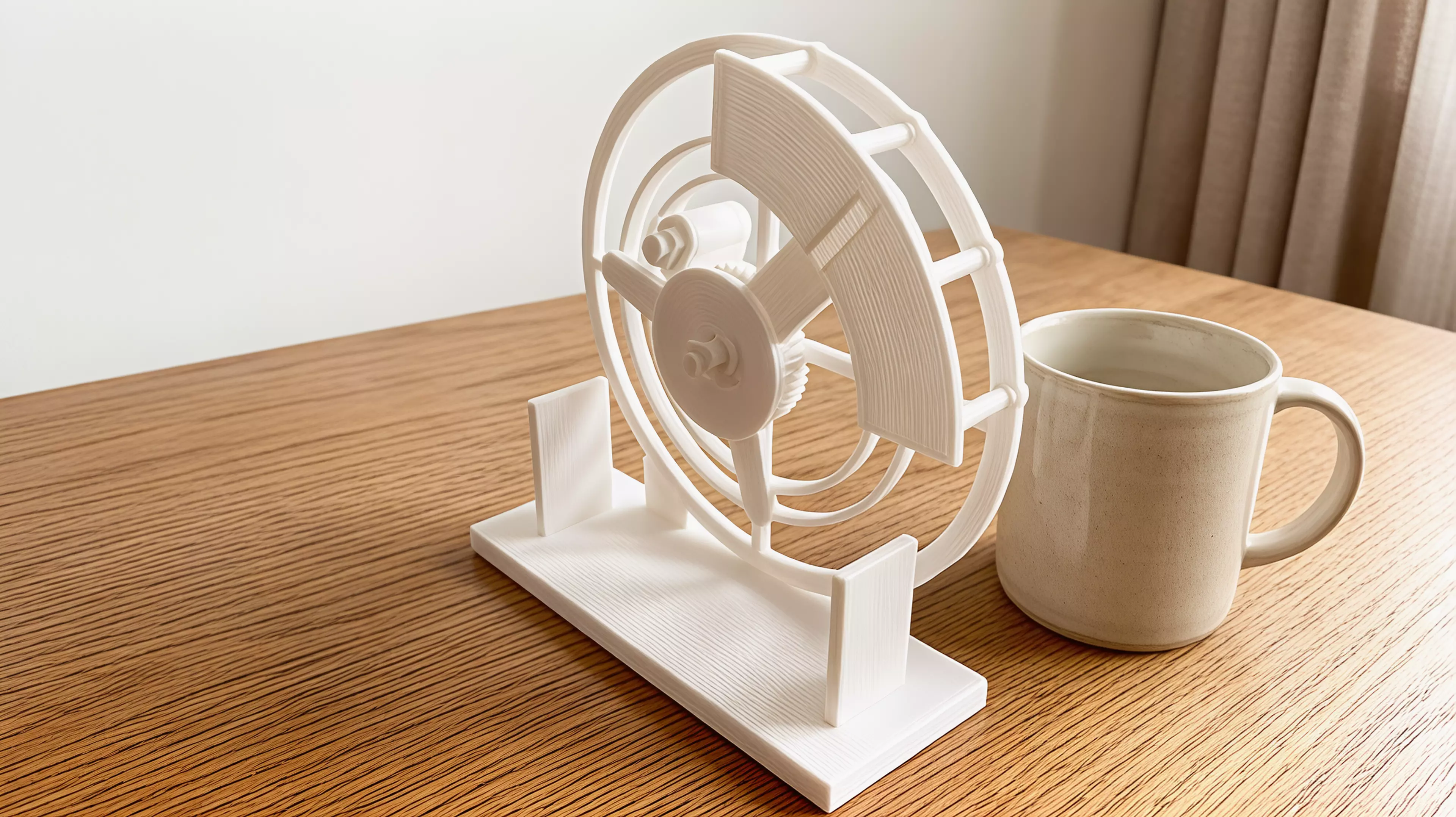 An all-printable hand-cranked desktop automaton in which a geared carrier guides a captive moon through a visible orbit and back through a fixed C-shaped mouth every two crank turns.