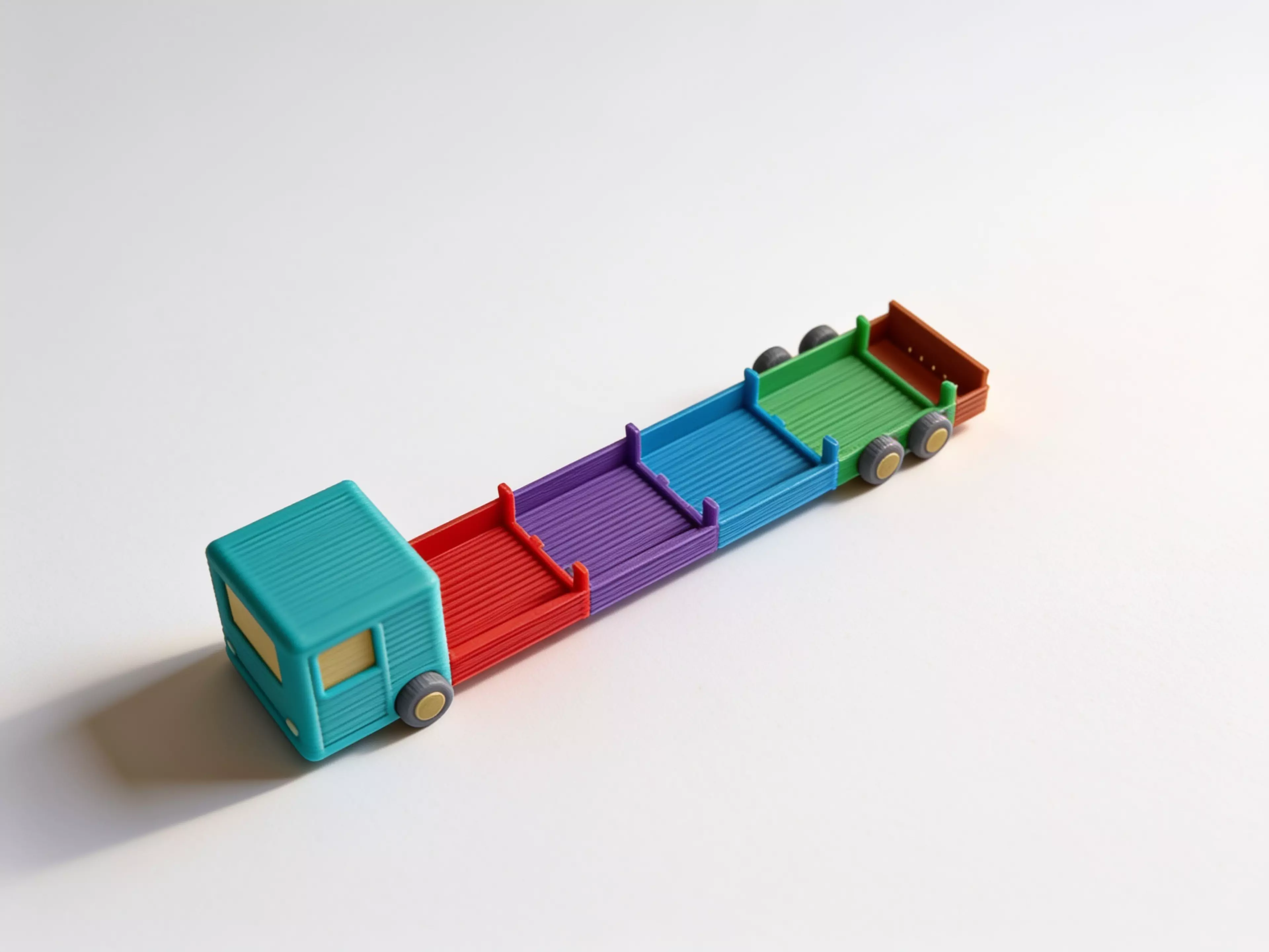 A pastel "future truck" desk shelf that carries 4 real DGX Spark units (150 × 150 × 50.5 mm) lying flat in a long row along the truck bed — built as a modular train of identical cargo bays between a cute pixel-face cab and a styled tail, on decorative six-wheel running gear.