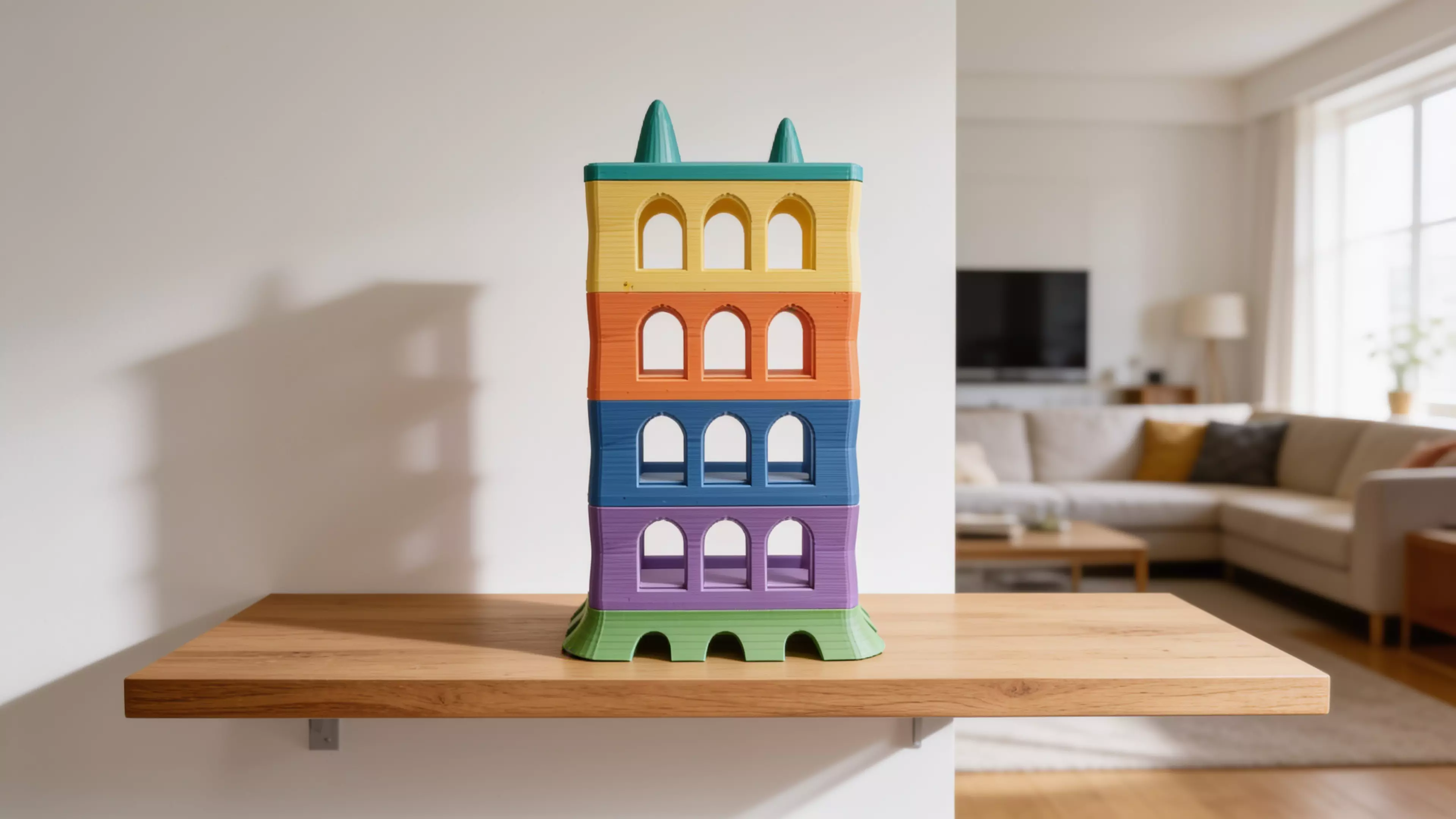 A freestanding 6-piece sculptural tower — splayed organic plinth, four identical catenary-arch bay modules that each cradle one DGX Spark on an open slide-in shelf, and a four-pinnacle parabolic crown — in matte bone-tone PLA, 210 × 170 × 309 mm assembled.