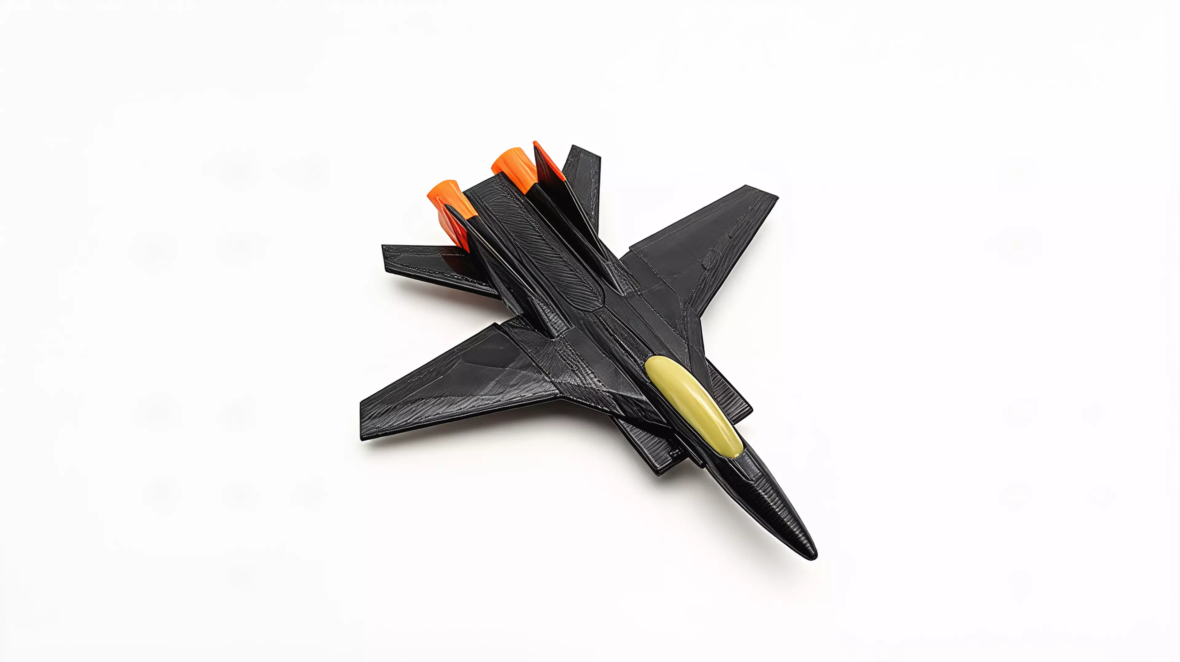 A 390 mm-wingspan F-14D Tomcat that sits on its own landing gear like a ramp-parked jet. Sixteen colour-separated printed parts - gloss-black airframe and spine deck, pale-khaki tandem canopy, red-tipped twin tails, red intake frames and nose strut, orange afterburner nozzles and a full tricycle gear - assemble into a spread-wing display pose. 390 x 388 x 117 mm (about 15.4 x 15.3 x 4.6 in).