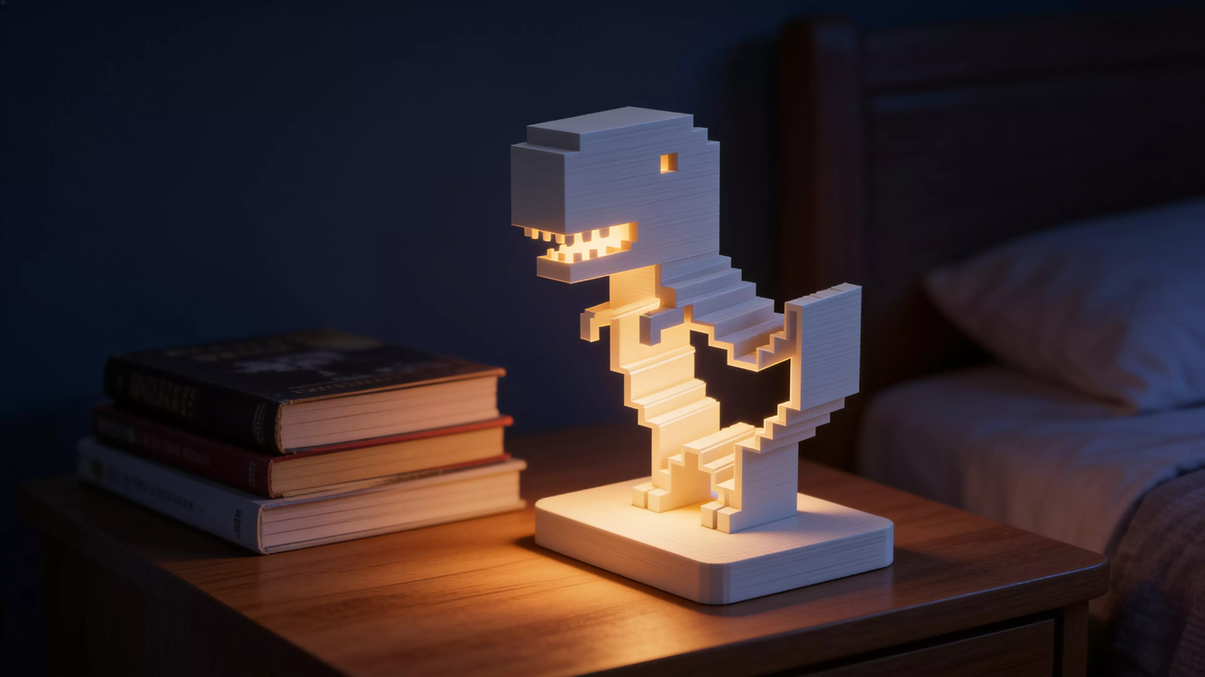 A 250 mm tall pixel-art T-Rex night light: a hollow, glowing outline sculpture of the Chrome "no-internet" dino standing on an illuminated plinth housing a battery LED puck.