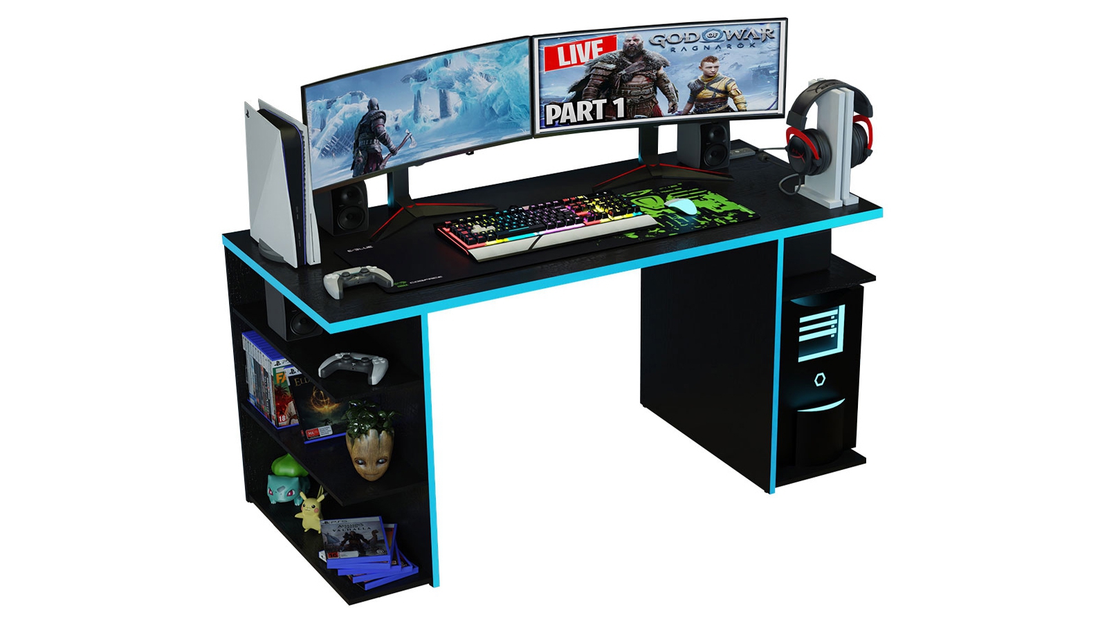 Madesa Gaming Computer Desk with 5 Shelves and Cable Management