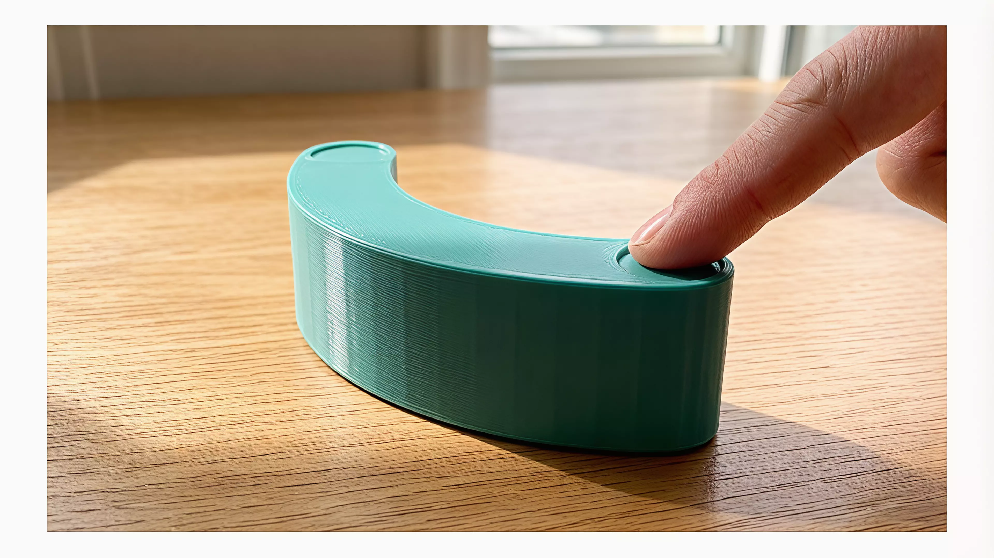 A tiny one-piece crescent desk rocker. Press a rounded horn with a fingertip and it tips, then gravity walks it back to rest on its outer curve.
