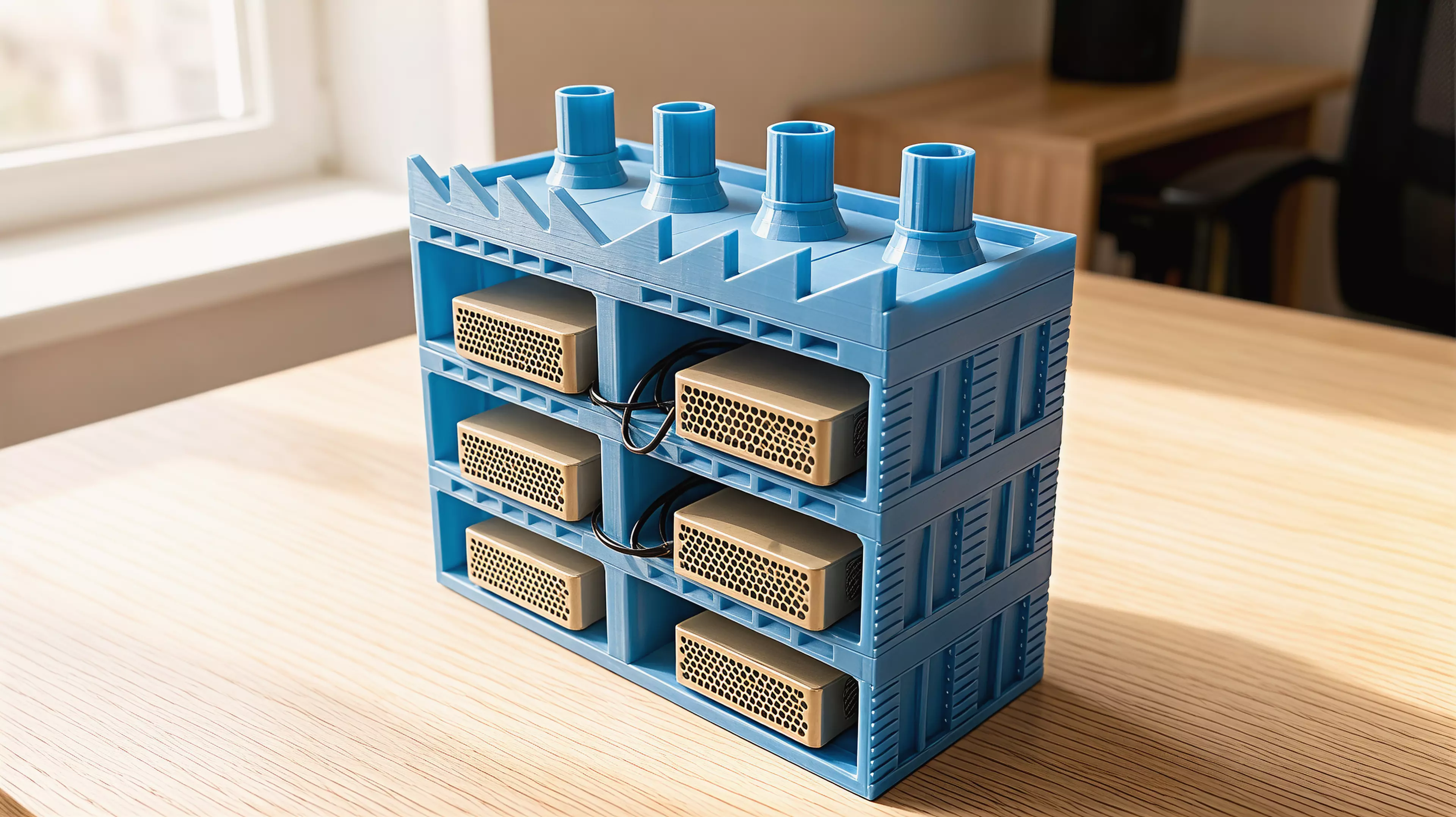 A 3-tier, 6-node modular factory-building stand for DGX Spark nodes (336 × 160 × 286.5 mm assembled), split into support-free FDM parts ≤ 168 × 160 × 61.5 mm, with a detachable 4-chimney Crown.