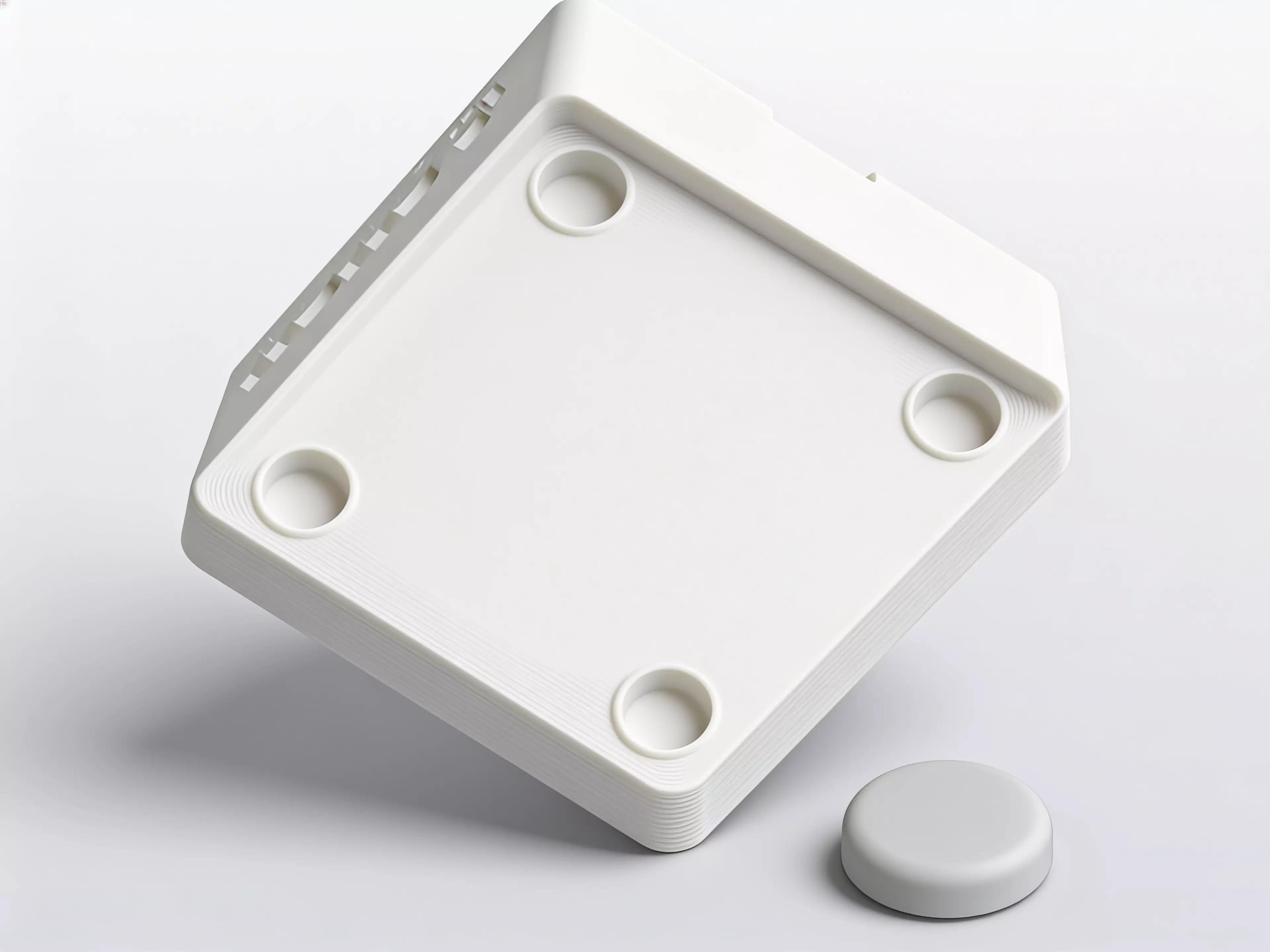 A single-piece, Scandinavian-minimal squircle stand (200 × 200 × 76 mm) that a standard 1-quart stainless bowl drops into from the top and hangs by its rolled rim on an internal support lip, with an anti-spill raised rim, two finger scallops for bowl removal, "NUNU" + paw icon raised on the front…