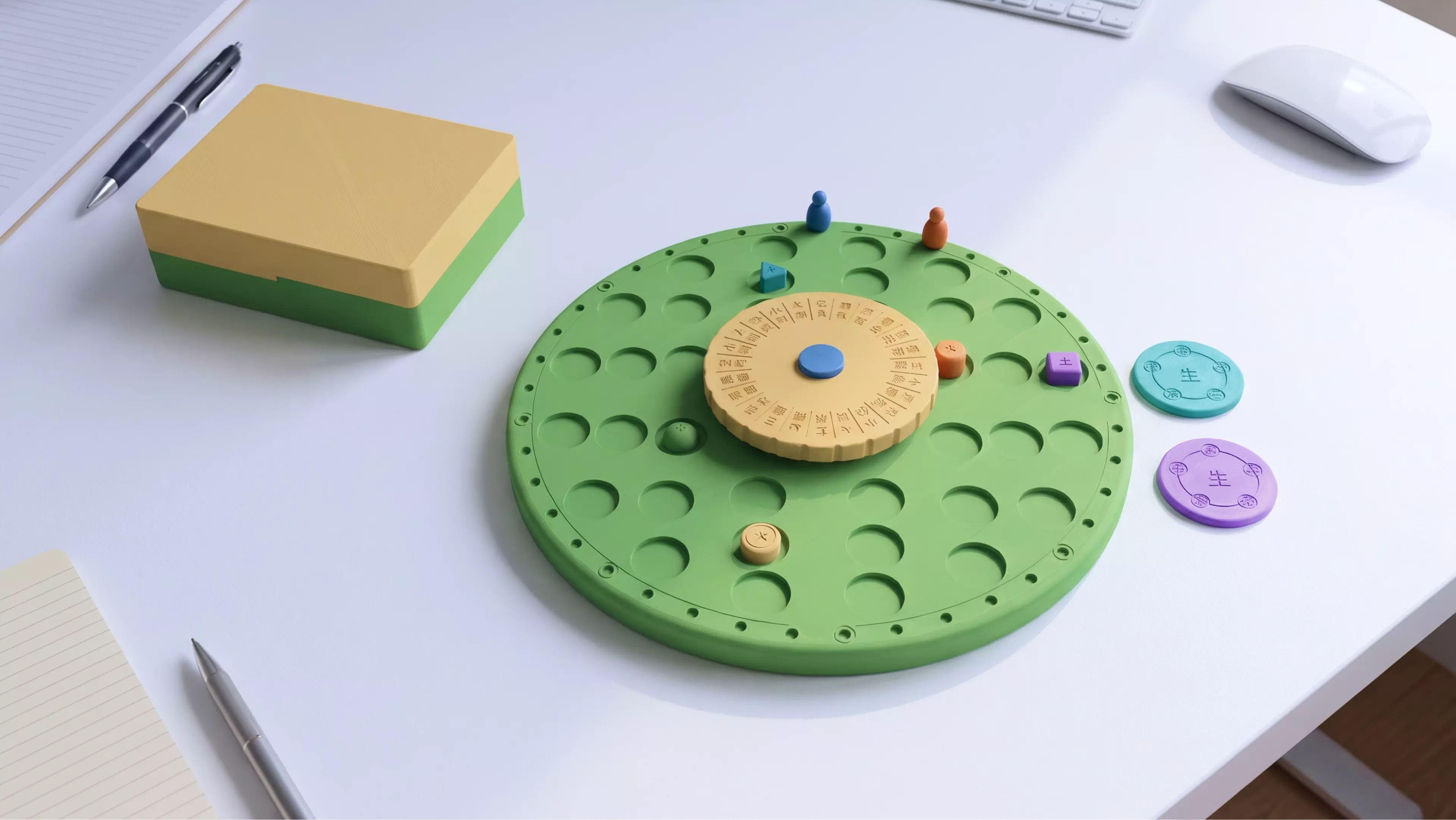 An original, 3D-printed family strategy board game rooted in the 24 solar terms (二十四节气, UNESCO intangible heritage) and the Wuxing five-element cycle: a Ø250 mm circular walnut-tone board with a click-detented rotating celadon wheel at its center.
