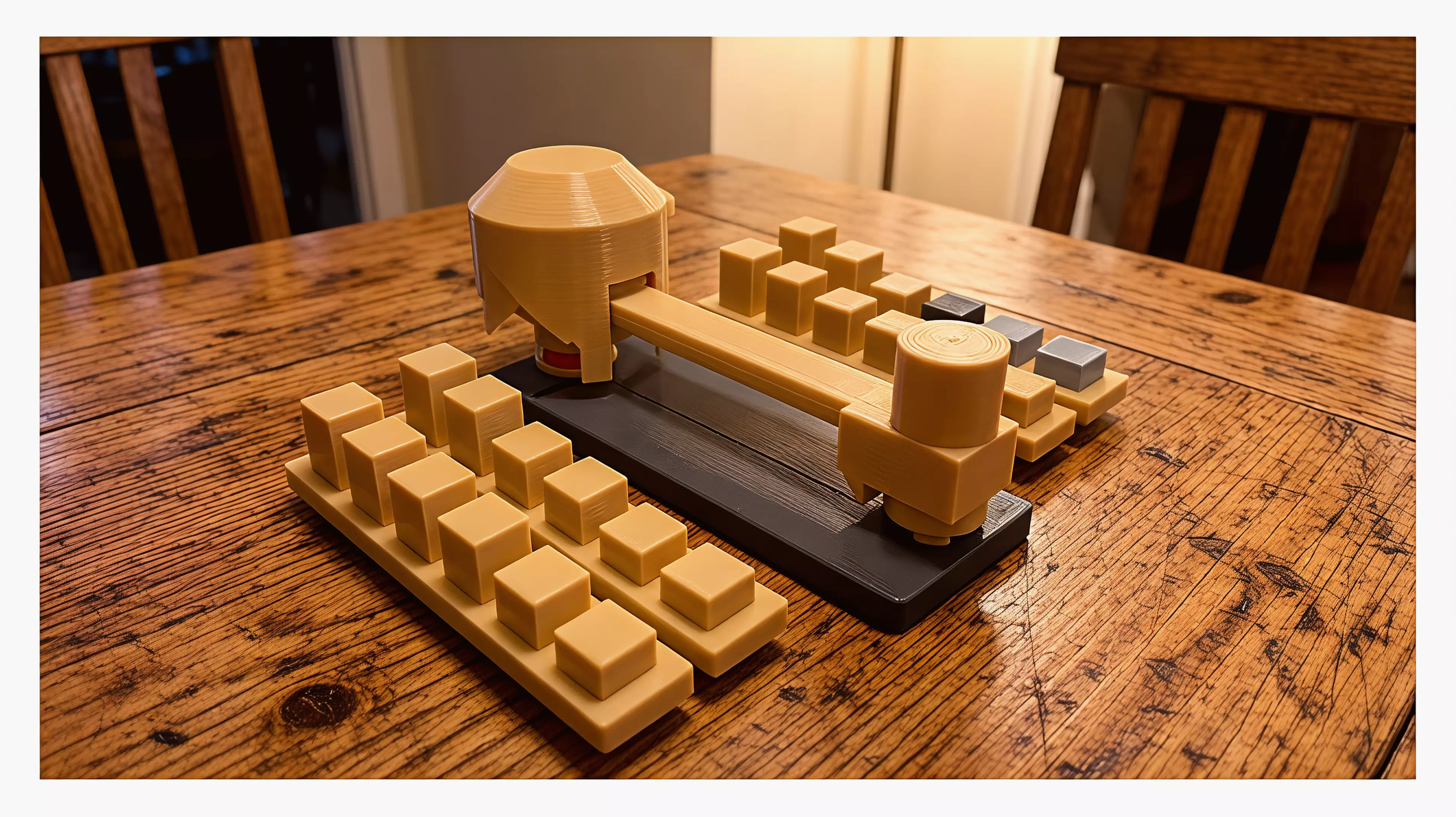 A limbo bar for solid objects. Every round, the player in last place turns a hooded knob in secret, dropping a loose bar by 1, 2, or 3 mm, and then everyone commits a block from their own stock at the same instant, blind. Cups lift together; the tallest block that slides through without touching the bar wins the round and joins your score line, and a block that touches is gone for good. Nothing is marked and nothing is written down mid-round, the bar itself is the only judge. 2-4 players, 20 min, ages 14+. The complete rules ship with the files as RULES.md. By Bob.