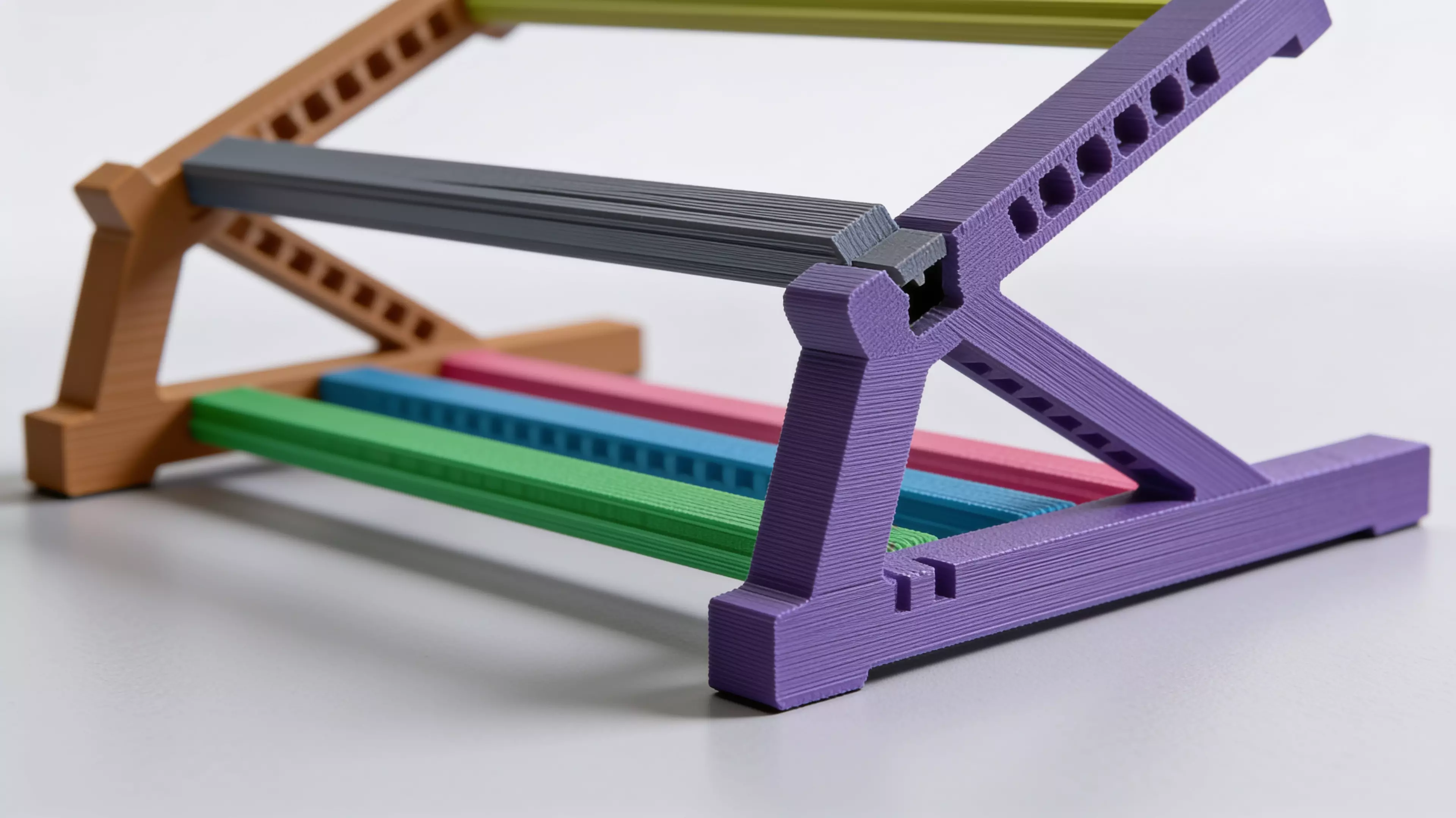 A sculpted Z-profile laptop stand designed around a 13" MacBook, tilted 22° for comfortable typing with a low-profile anti-slip ridge that catches the laptop's front edge. Two mirrored Z-legs — solid where they carry load, hex-relieved where they don't — are braced into a rigid box frame by four I-beam crossbars that press-fit straight into the legs. No screws, no heat-set inserts, no glue: just push the crossbars in and it locks together by friction alone.