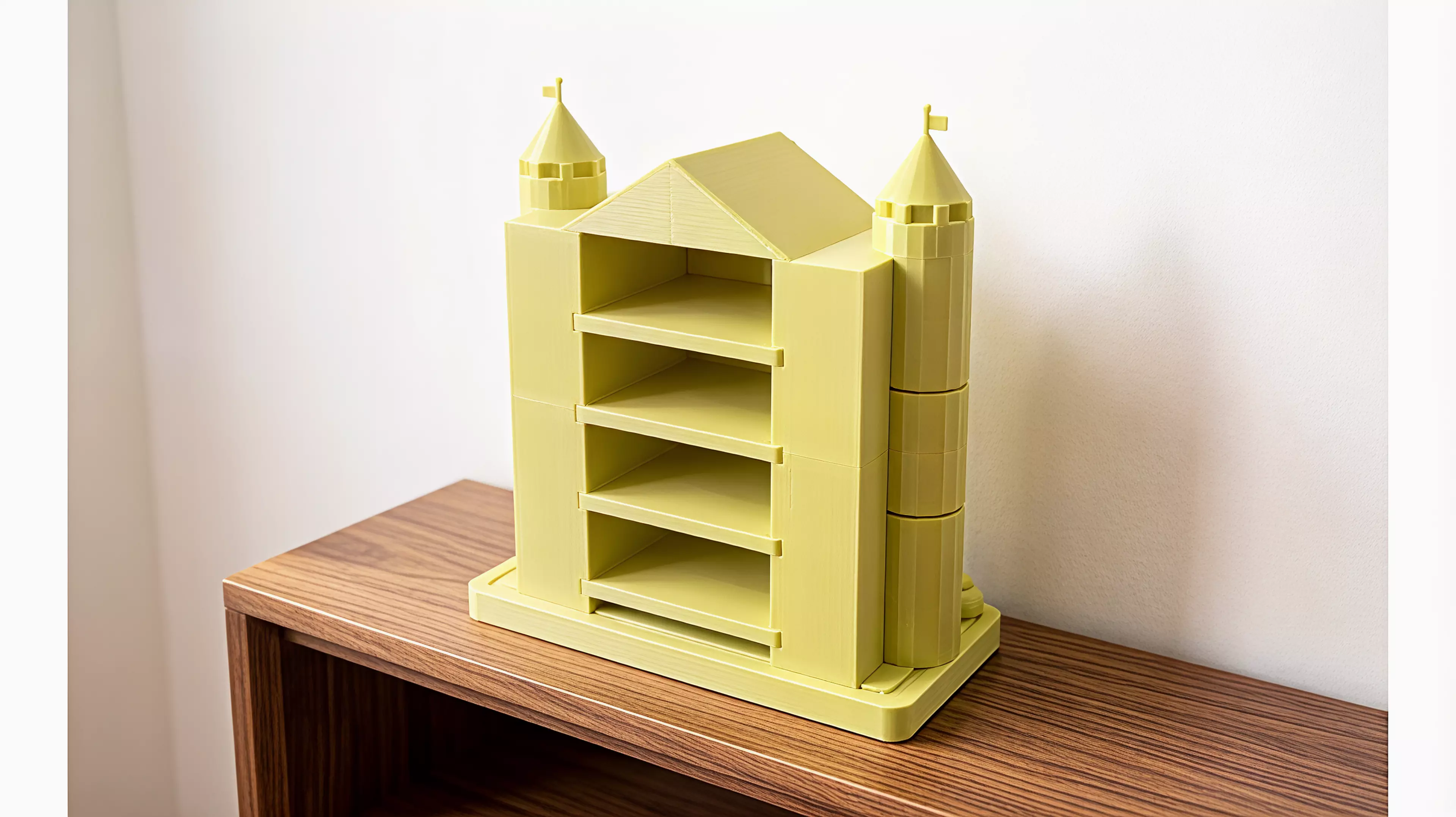 A pastel fantasy-castle display shelf, 380 W × 190 D × ~420 H mm, that holds four NVIDIA DGX Spark units (150 × 150 × 50.5 mm each, ~1.2 kg each) in a four-level, front-and-rear-open chamber flanked by two round towers, printed as ~20 screw-together modules because the whole thing is far larger…