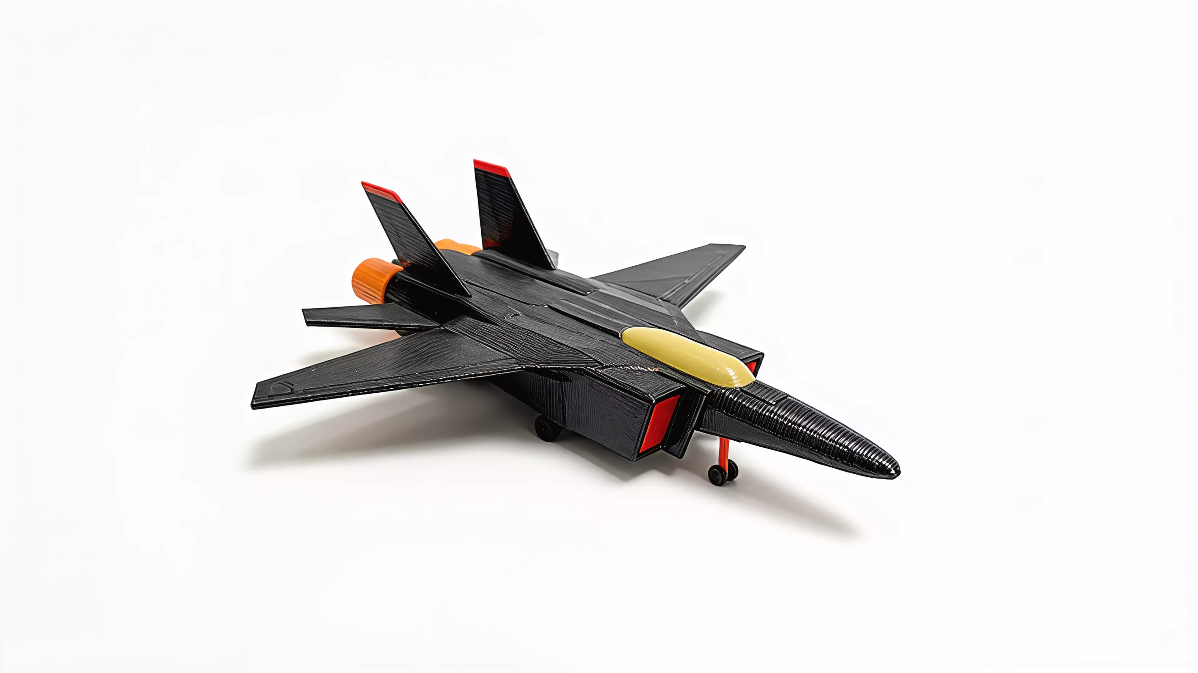 A 390 mm-wingspan F-14D Tomcat that sits on its own landing gear like a ramp-parked jet. Sixteen colour-separated printed parts - gloss-black airframe and spine deck, pale-khaki tandem canopy, red-tipped twin tails, red intake frames and nose strut, orange afterburner nozzles and a full tricycle gear - assemble into a spread-wing display pose. 390 x 388 x 117 mm (about 15.4 x 15.3 x 4.6 in).