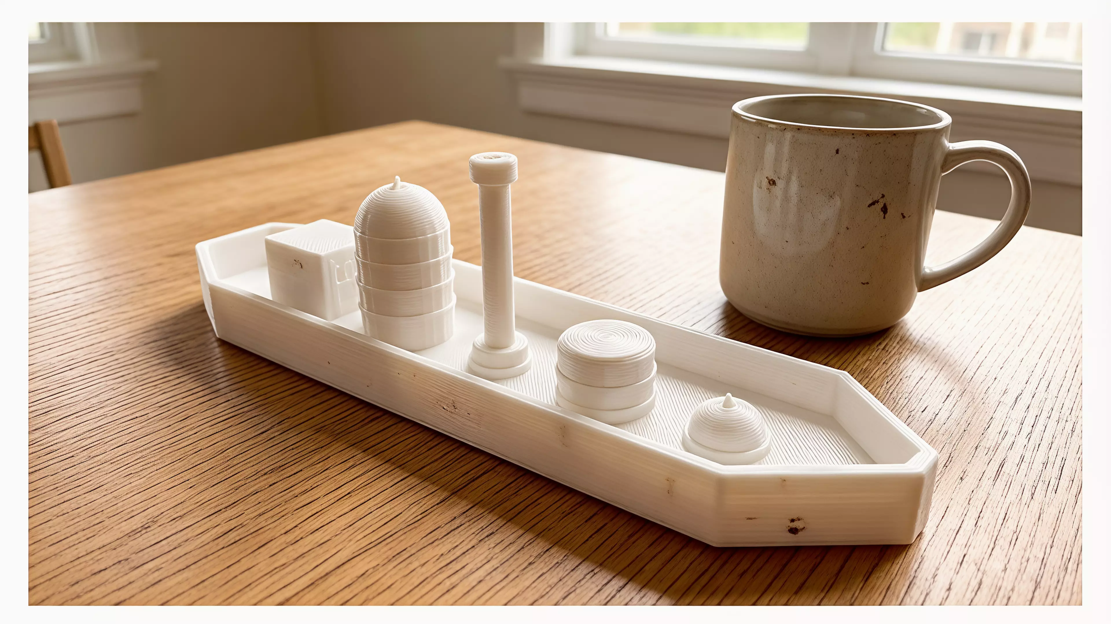 A 6-part toy cargo barge: one hull plus five separate deck-cargo pieces (crate, tall tank/silo, mast, drum, dome hatch) that peg into locating bosses on the deck, in a rugged industrial-workboat style (rivets, ribbed banding, hard chamfered hull corners).