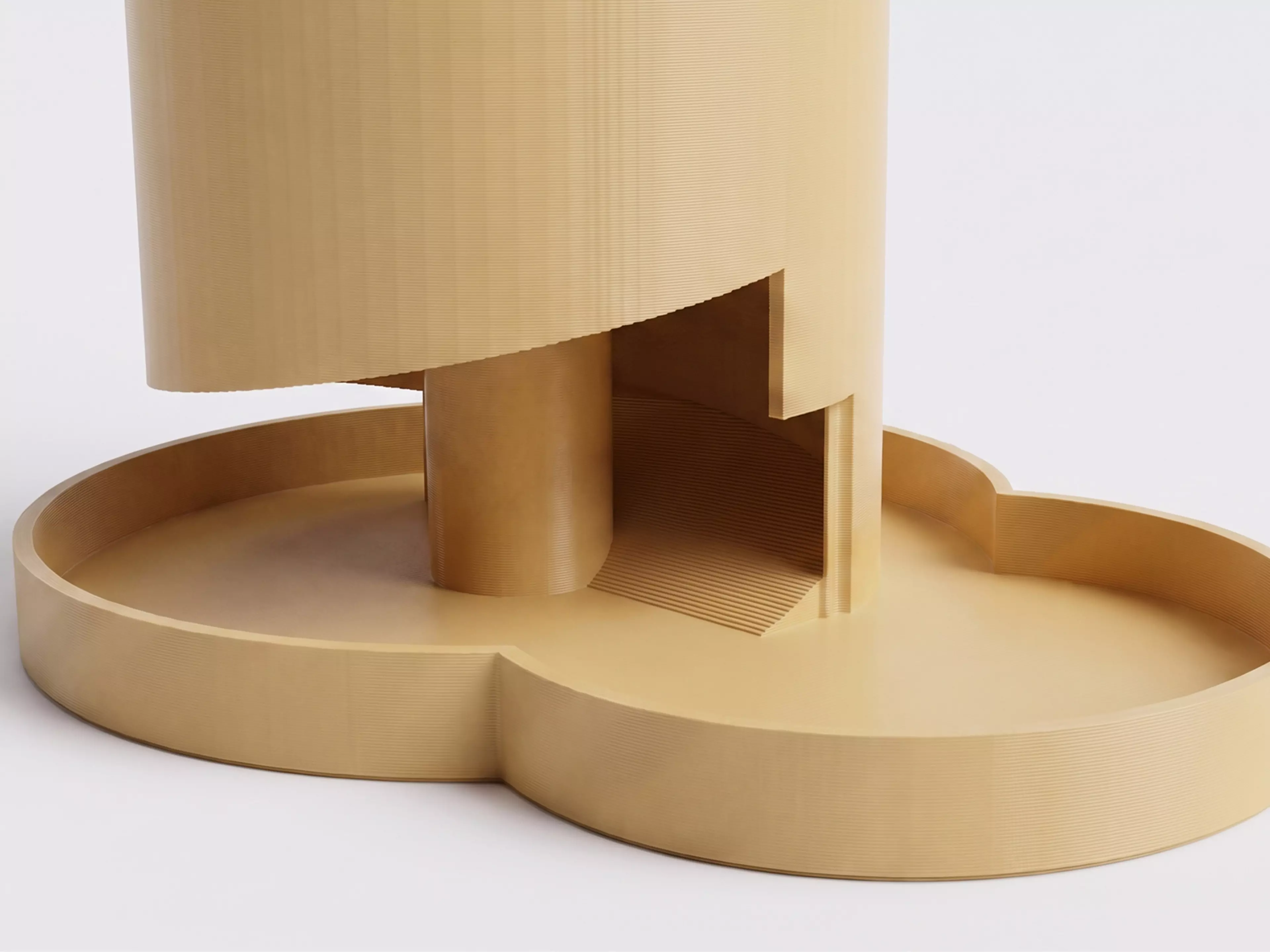 A 210 mm tall helical dice tower: a funnel hopper feeds dice onto a spiral ramp that winds 2.42 turns around a central pillar, contained by overlapping guide walls, exiting through a domed chute near the base onto an integrated landing tab.