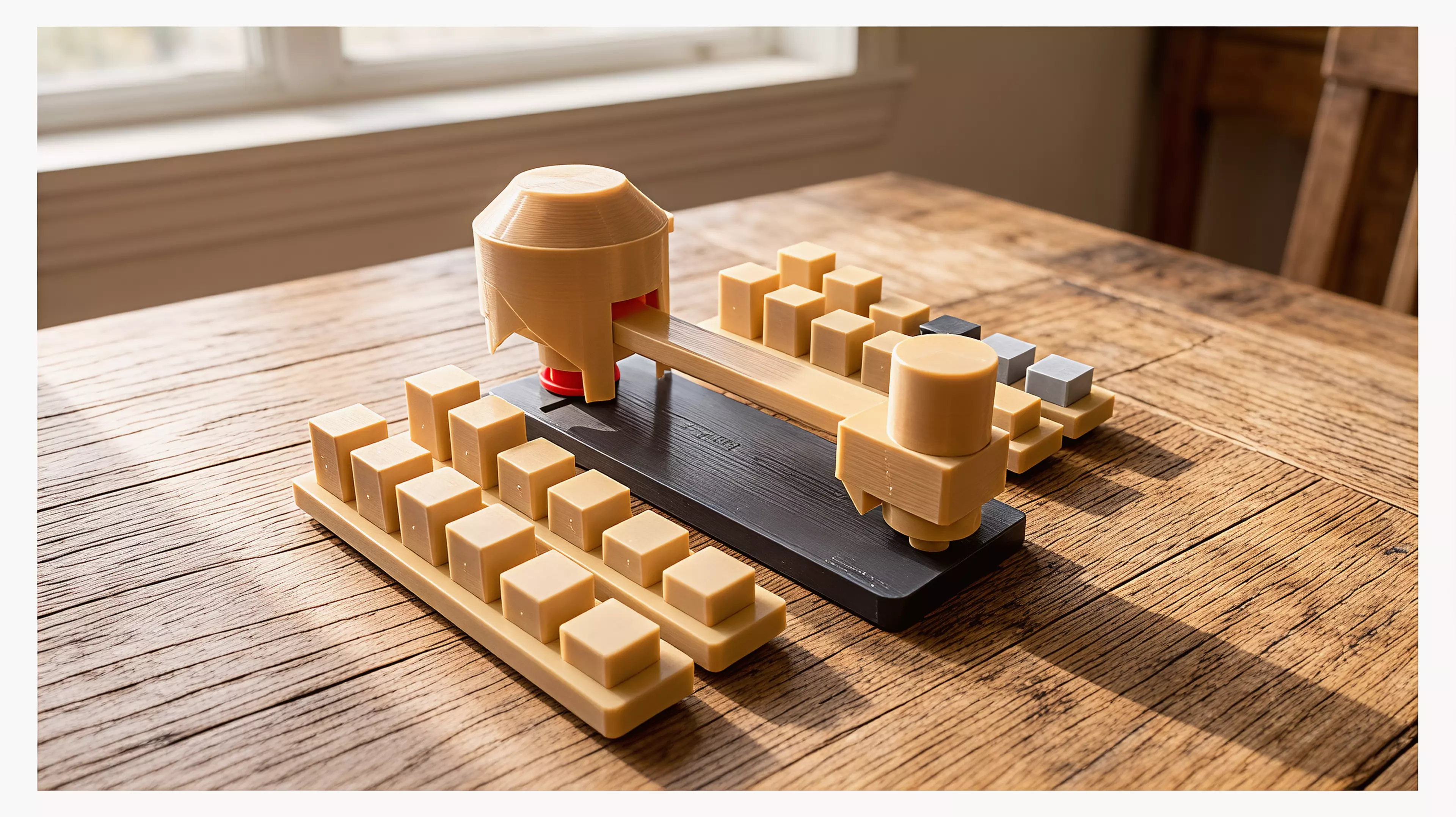 A limbo bar for solid objects. Every round, the player in last place turns a hooded knob in secret, dropping a loose bar by 1, 2, or 3 mm, and then everyone commits a block from their own stock at the same instant, blind. Cups lift together; the tallest block that slides through without touching the bar wins the round and joins your score line, and a block that touches is gone for good. Nothing is marked and nothing is written down mid-round, the bar itself is the only judge. 2-4 players, 20 min, ages 14+. The complete rules ship with the files as RULES.md. By Bob.