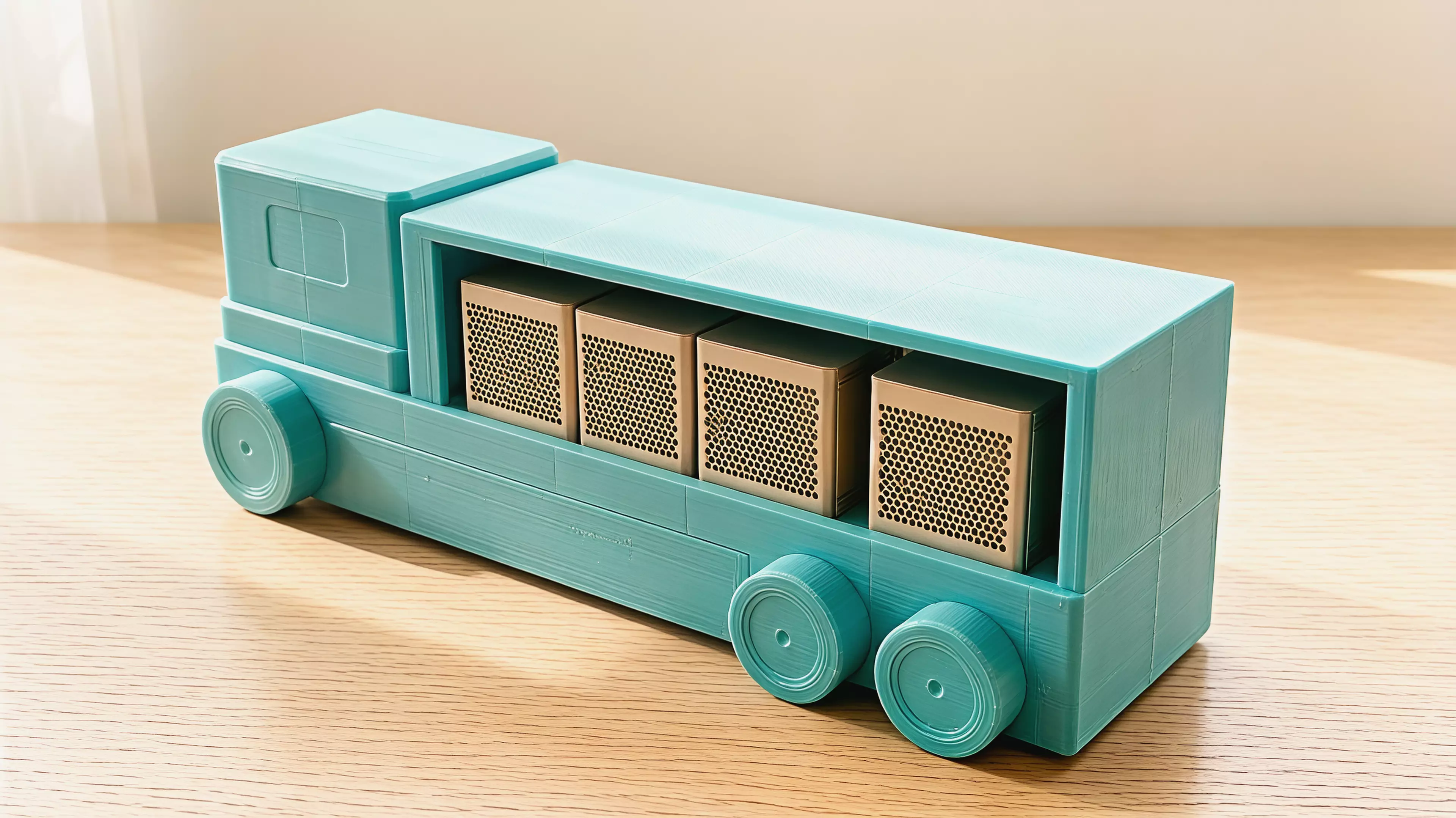 Design a unique, cute, vibrant futuristic truck-shaped display shelf for four DGX Spark units. The design should look like a real miniature autonomous delivery truck, where the cargo body is integrated into the truck and functions as an open display shelf.

DGX Spark dimensions:
150 mm L × 150…