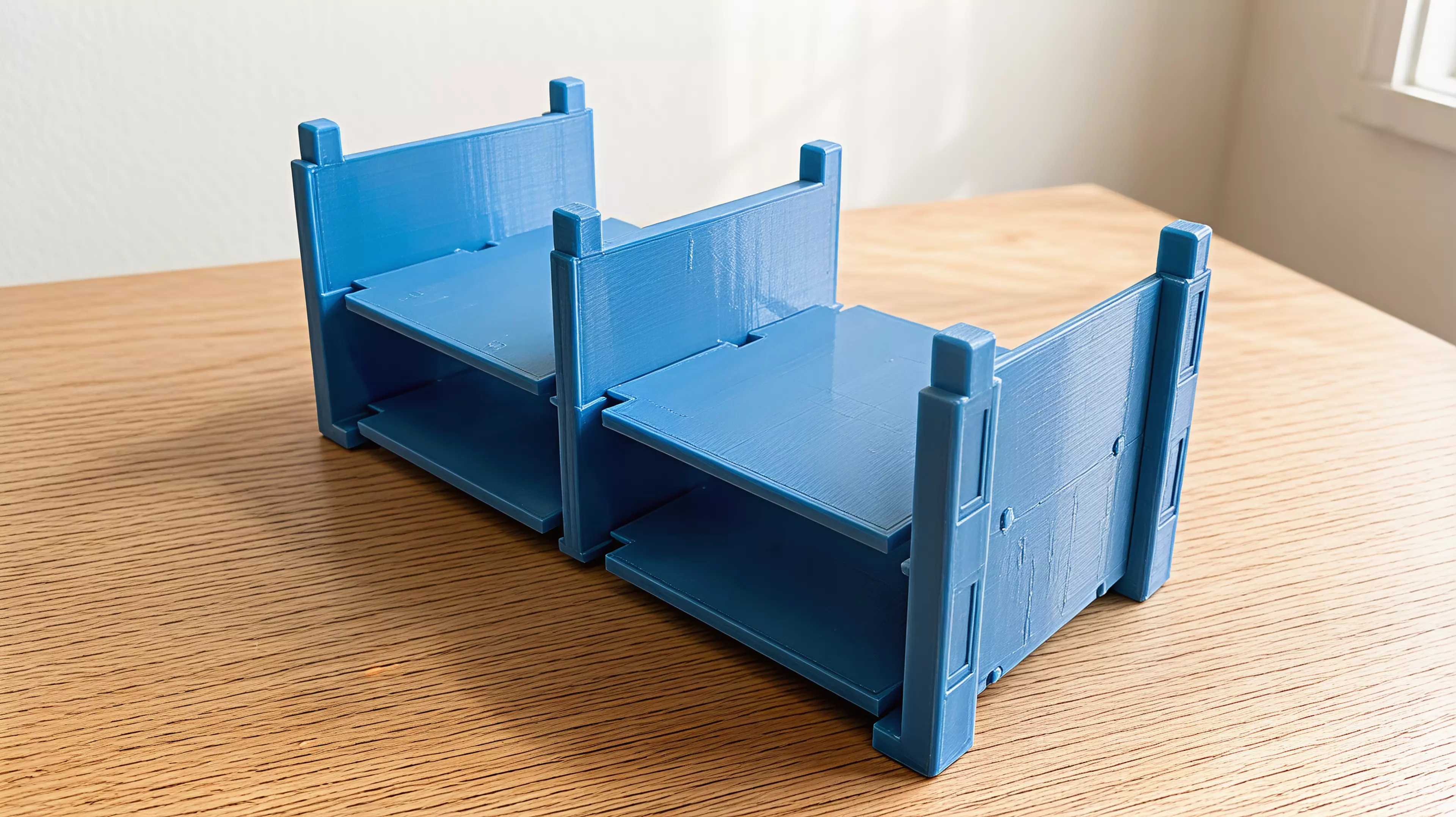 A PETG FDM knock-down rack holding 2 NVIDIA DGX Spark per tier (2 tiers = 4 devices), built from zero tier-unique parts — 2 end walls + 1 center divider + 2 floor trays per tier, stacked on 8 x 8 mm self-locating chamfered key joints, with 4 press-fit feet and flush top caps, styled as a…
