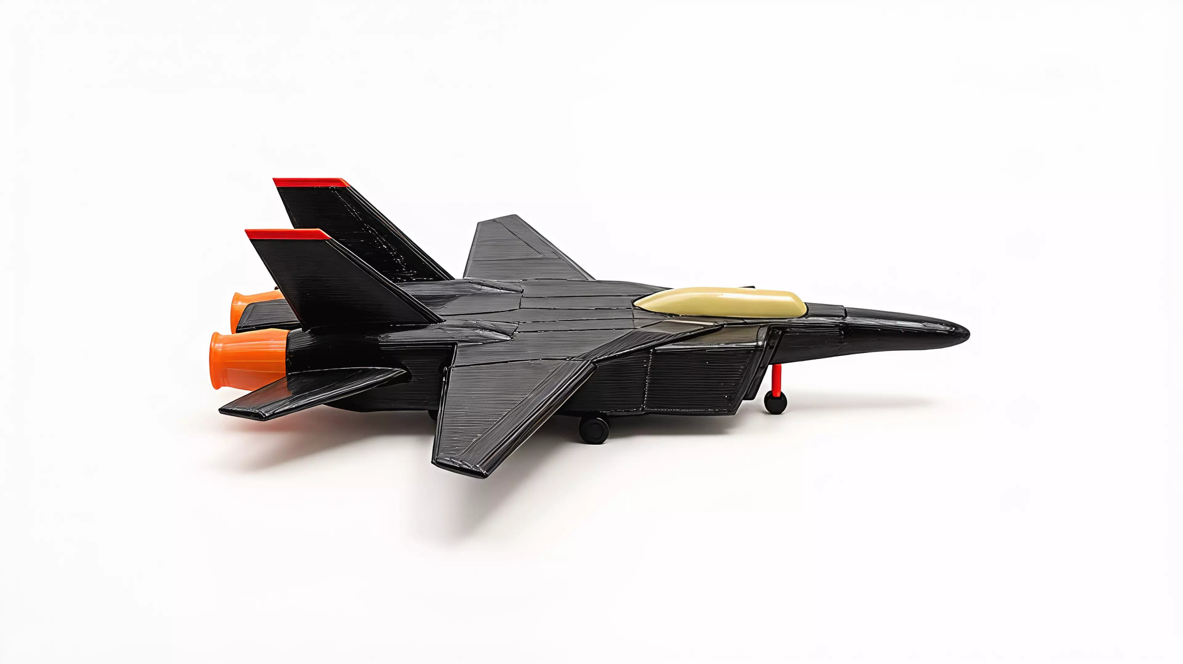 A 390 mm-wingspan F-14D Tomcat that sits on its own landing gear like a ramp-parked jet. Sixteen colour-separated printed parts - gloss-black airframe and spine deck, pale-khaki tandem canopy, red-tipped twin tails, red intake frames and nose strut, orange afterburner nozzles and a full tricycle gear - assemble into a spread-wing display pose. 390 x 388 x 117 mm (about 15.4 x 15.3 x 4.6 in).