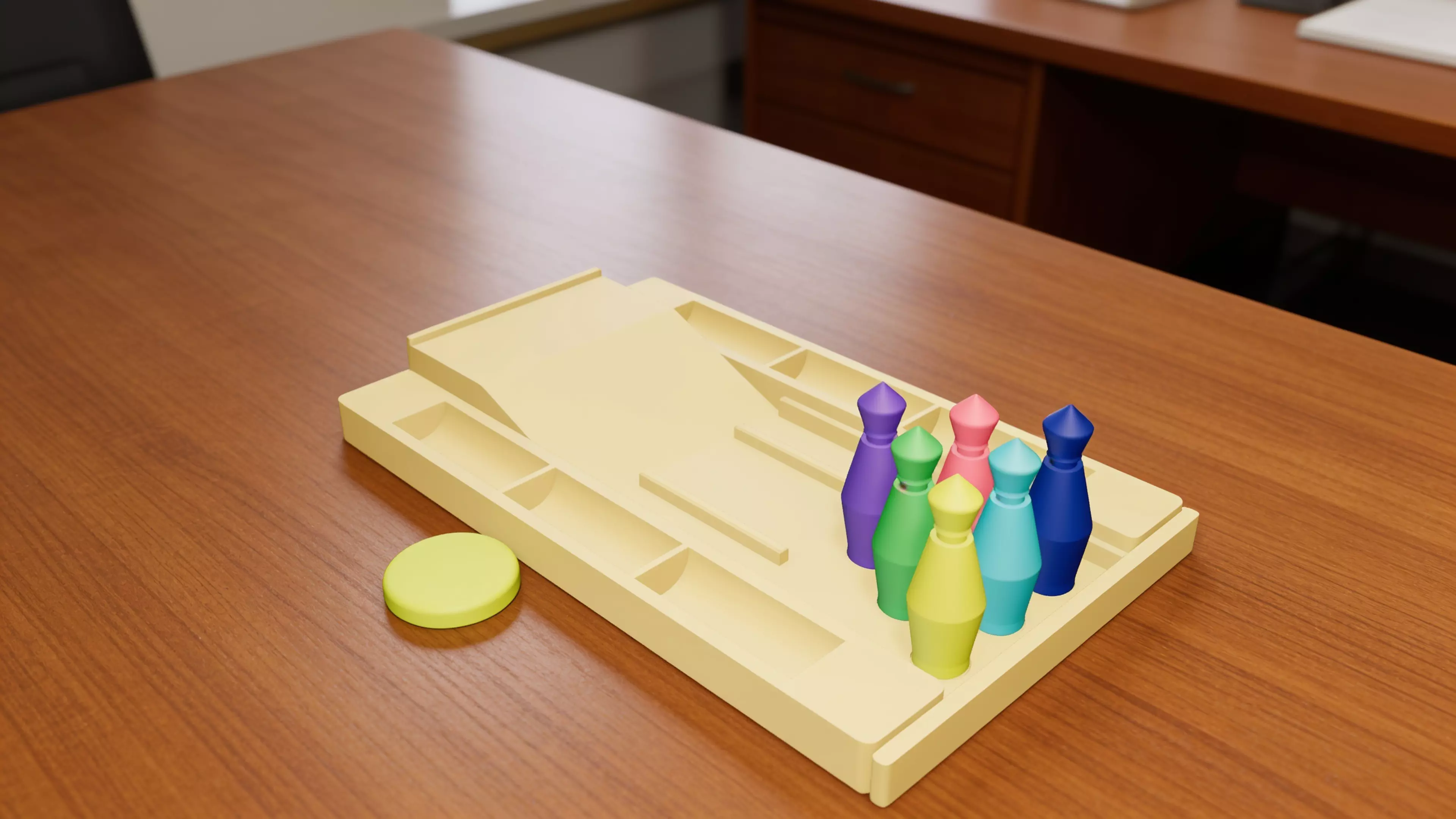 A pocket bowling toy: a lane tray that ramps into a flick-launch pad and doubles as nested storage, six molded pins in a 3-2-1 triangle, and one flick disc — flick the disc off the ramp to send it down the lane into the pins.