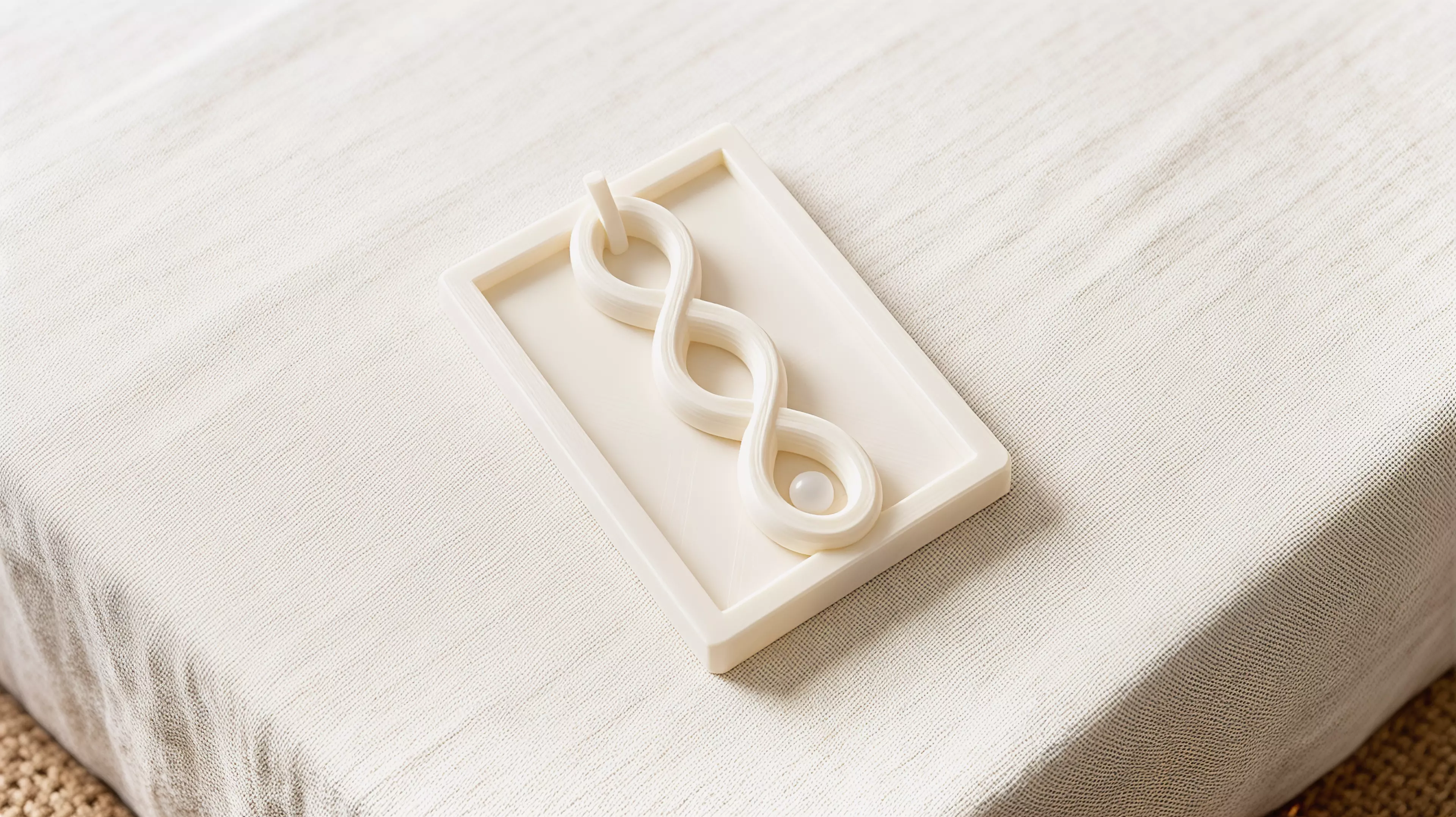 A one-handed print-in-place desk toy whose captive moon runner follows one fully visible braided figure-eight route through two separated bridges and returns home by continued thumb motion.
