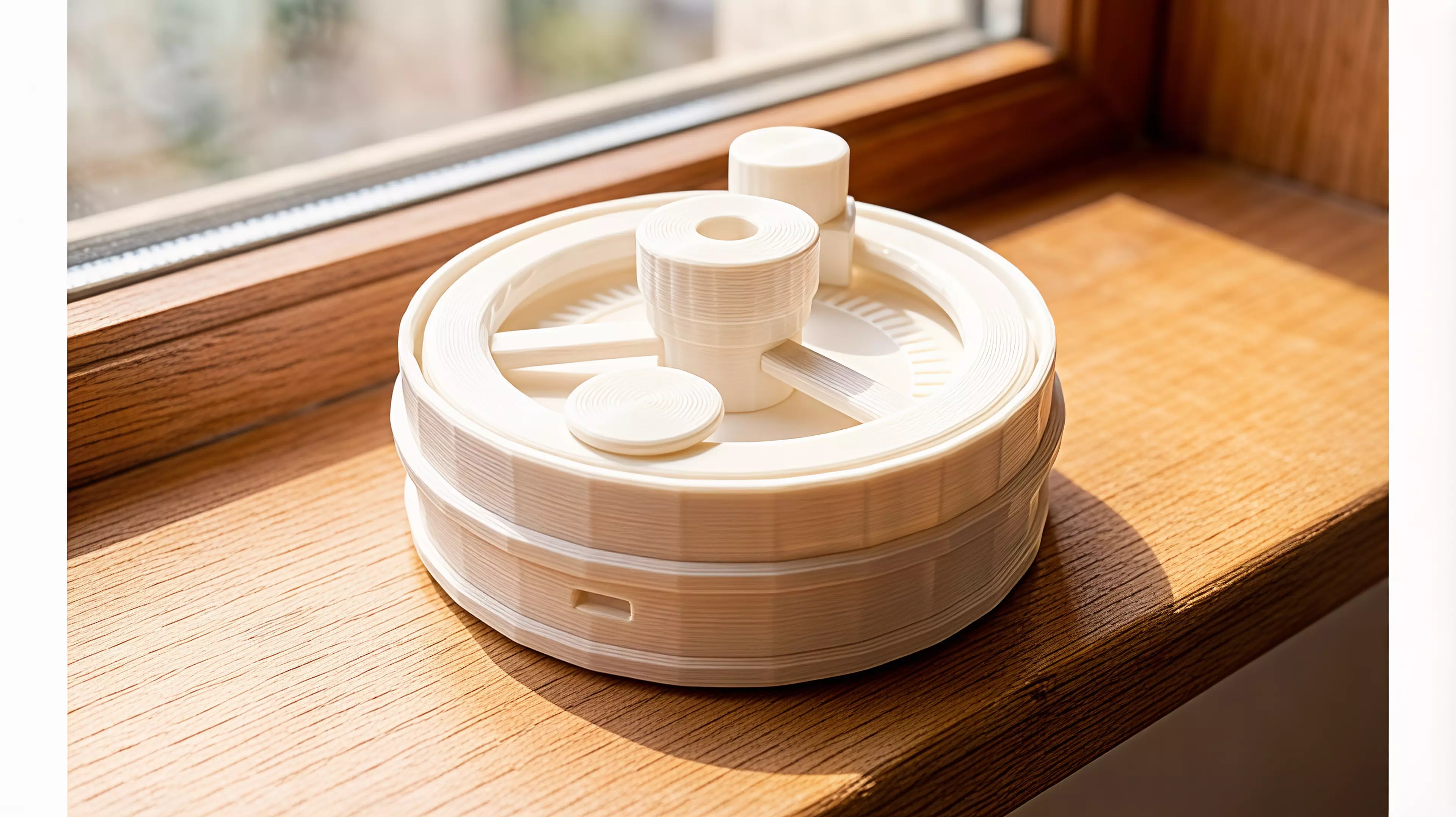 A palm-size, hand-powered desktop sound toy whose broad wheel carries a captive rounded gravity plectrum across three visibly different printed rib fields in the continuous sequence rain, frog-song, and crickets.