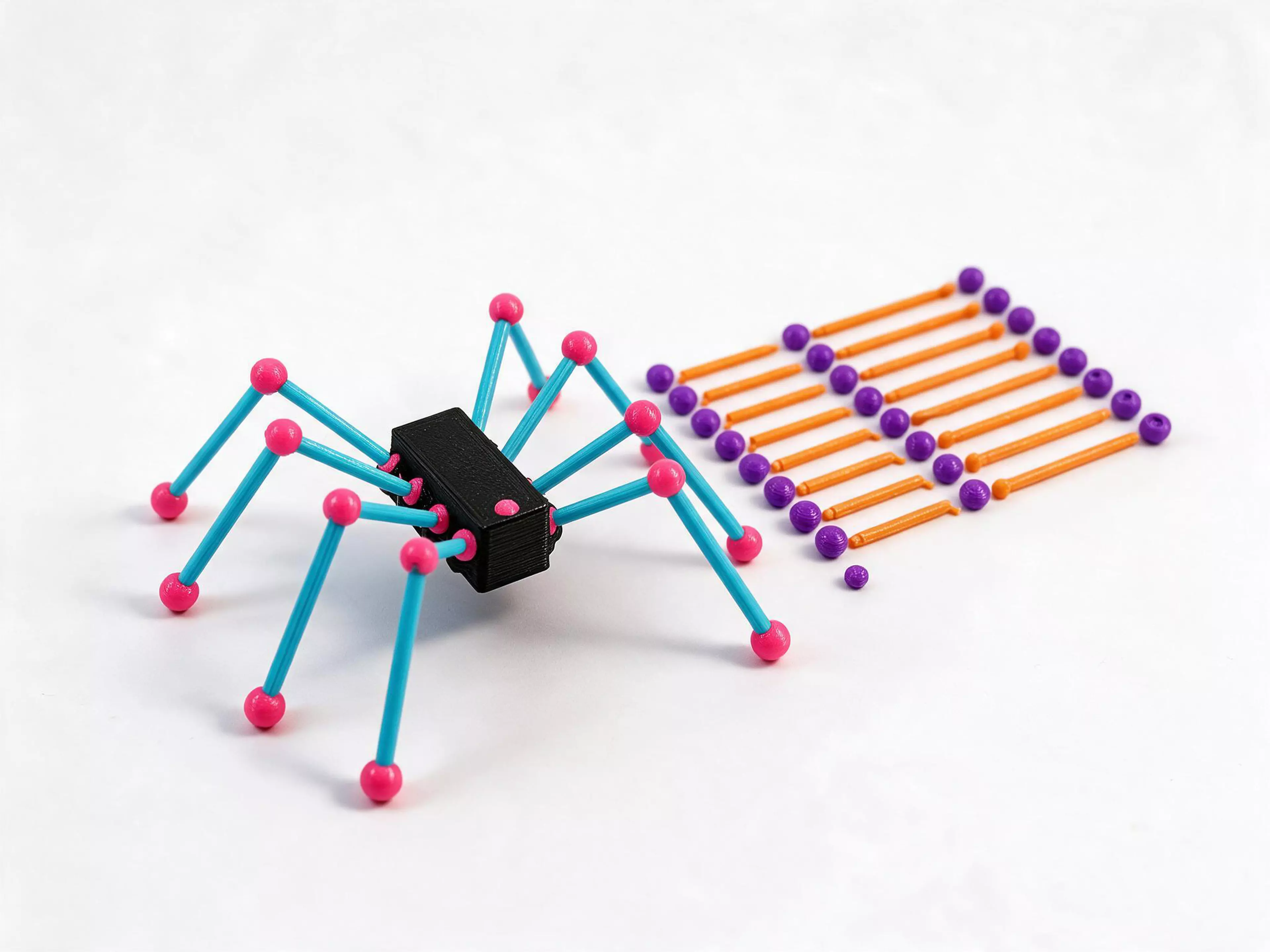 Poseable eight-legged desk crawler that arrives assembled. Ball hips and hinged knees hold any pose. Both colourways in the box: cyan/pink legs fitted, plus an orange/violet leg set that swaps in seconds. No glue, no screws, no electronics.