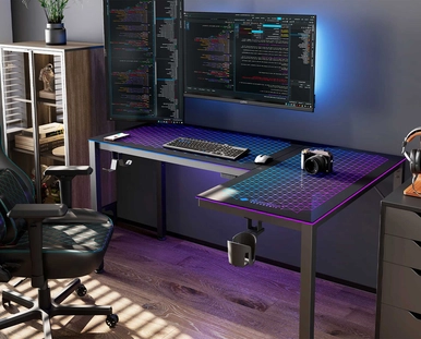 EUREKA ERGONOMIC 60" L Shape Glass Gaming Desk: Music Sync RGB