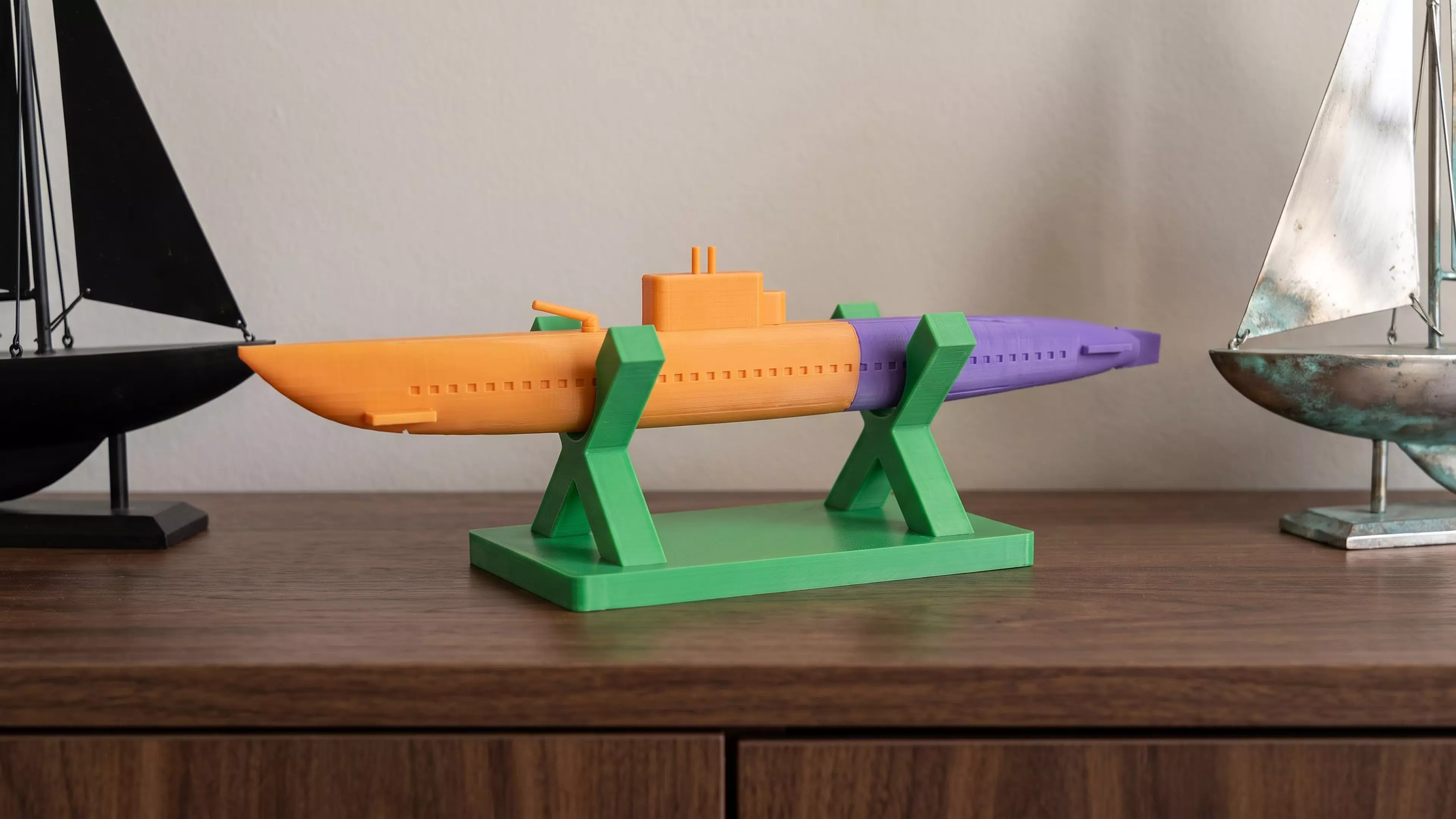A Kriegsmarine Type VIIC, printed as two PLA pieces that peg the AI service at midship.