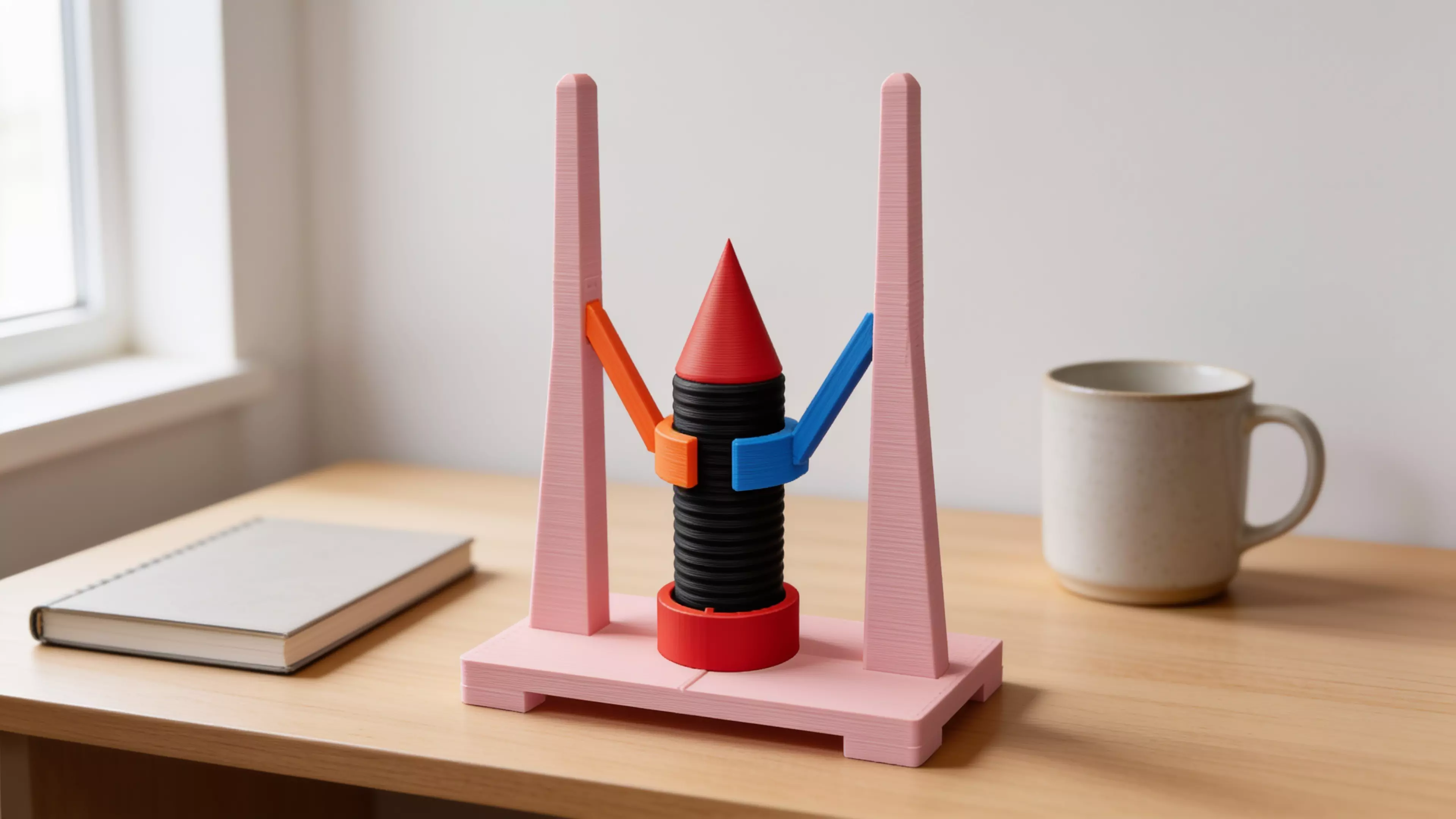 A 180 mm desktop model-rocket-on-launch-tower display: a natural-wood-tone launch tower cradling a removable tan/gray toy rocket, matching the reference photo's craft-model look.