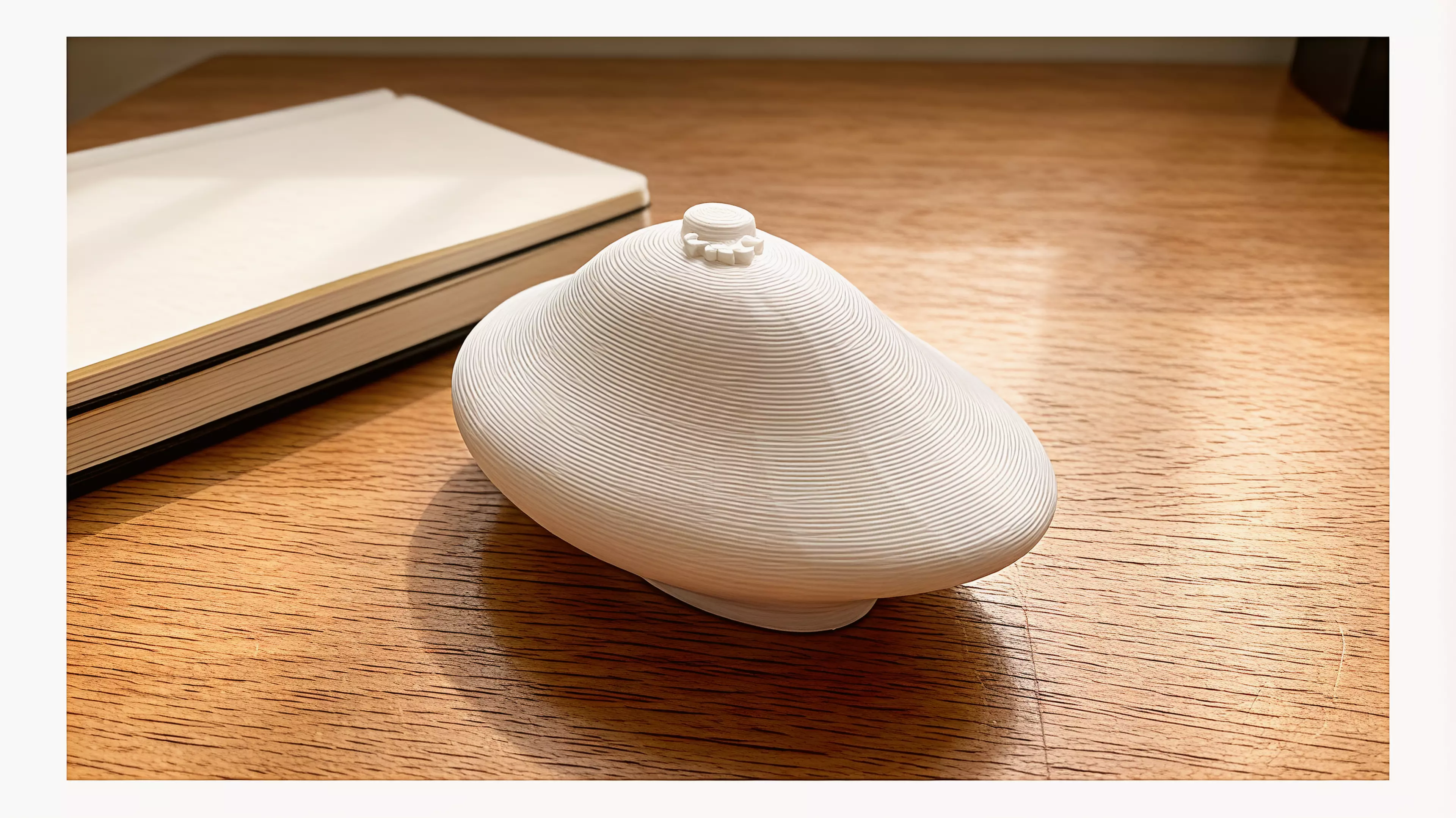 A palm-size one-piece desk wobbler designed for a sideways flick or gentle roll, with a raised smiling-star home cue.