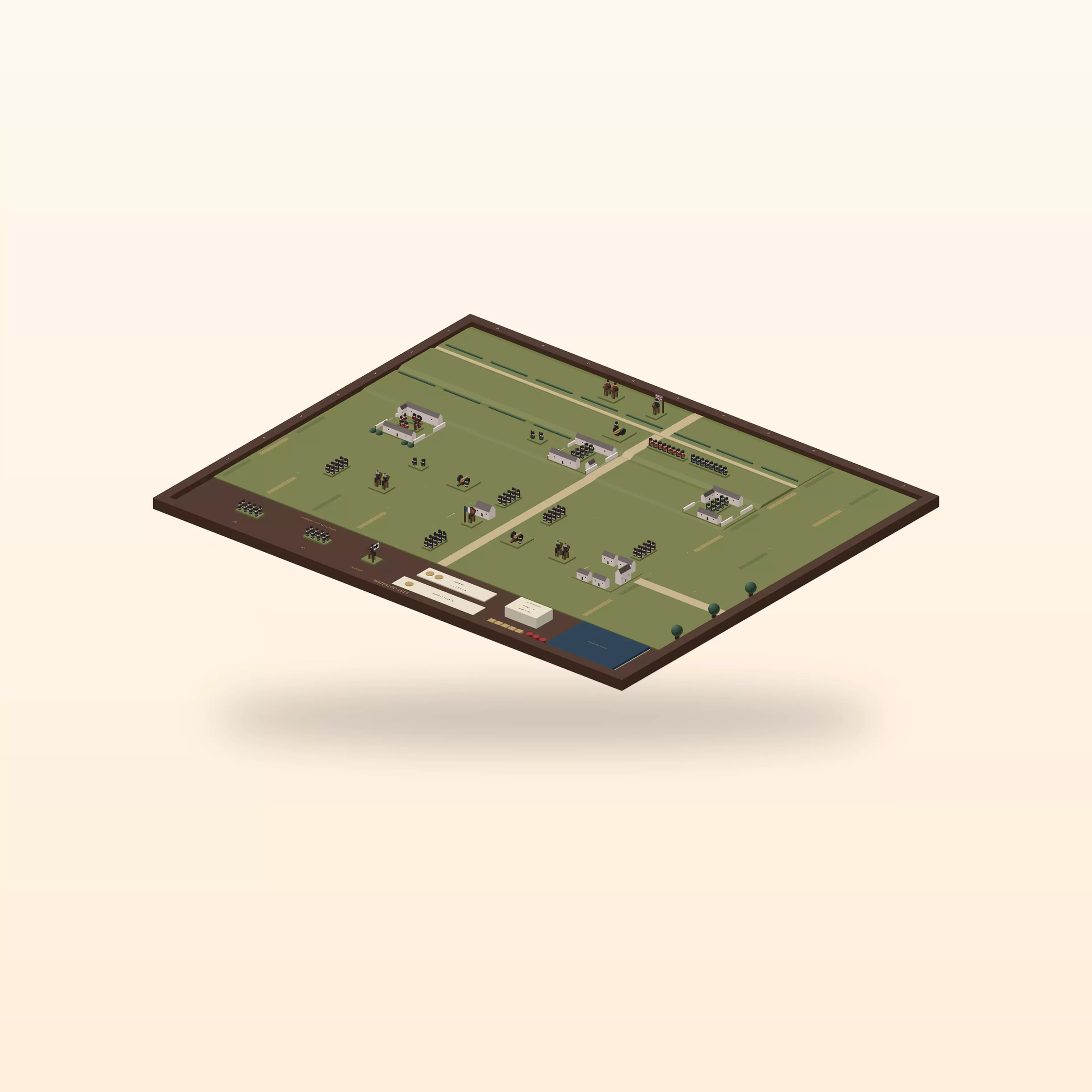 A finished Waterloo battlefield display and command game with detailed armies, rural landmarks and hand-positioned formations. Choose where to commit reserves across one main scenario and three alternatives.