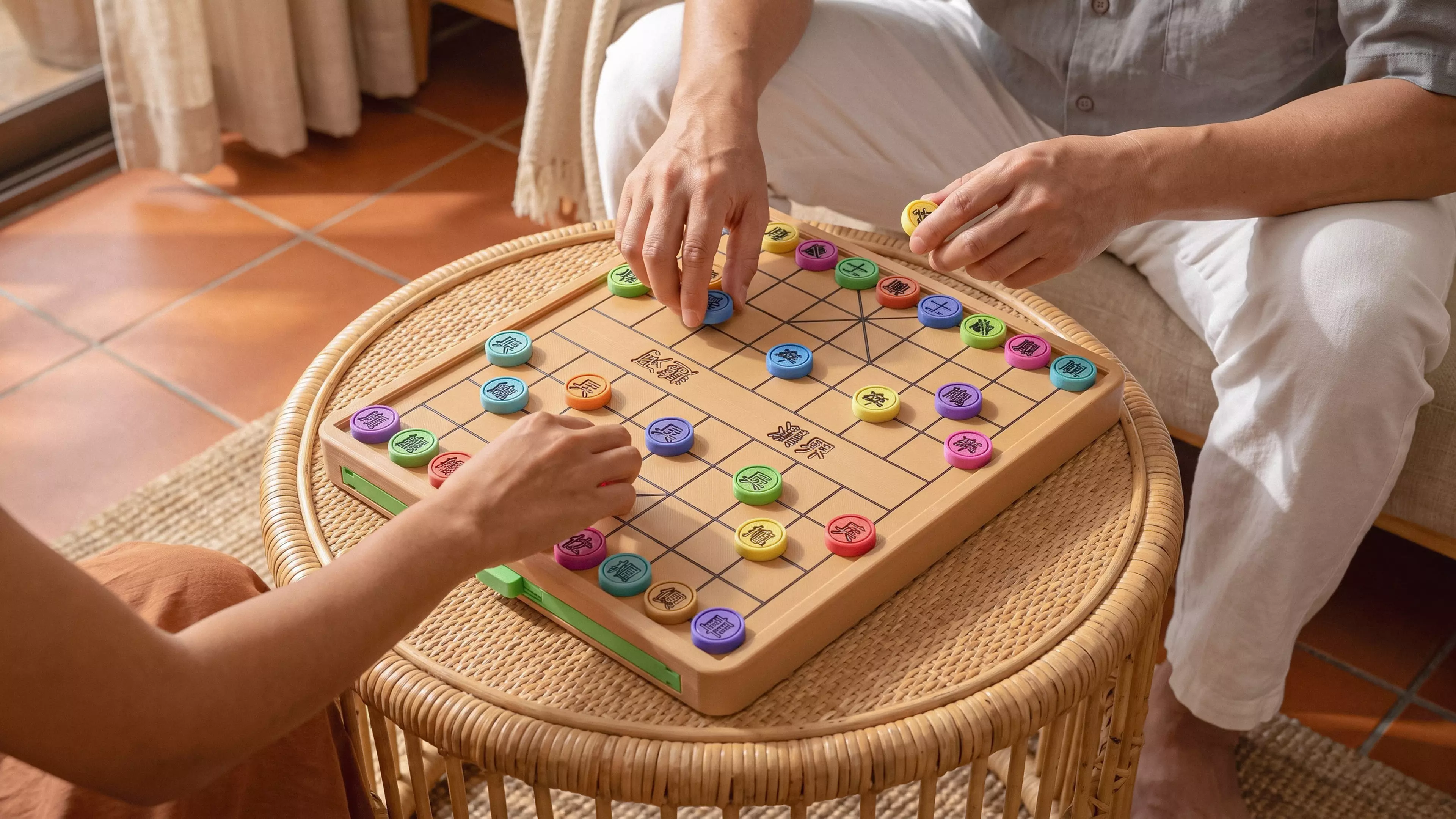 A complete 3D-printable Xiangqi (Chinese Chess) set, featuring:
•	1 Chessboard: Designed with an elevated border frame and 2 integrated sliding drawers (one for each player's color).
•	32 Circular Disc Pieces: Engraved with traditional Chinese characters.