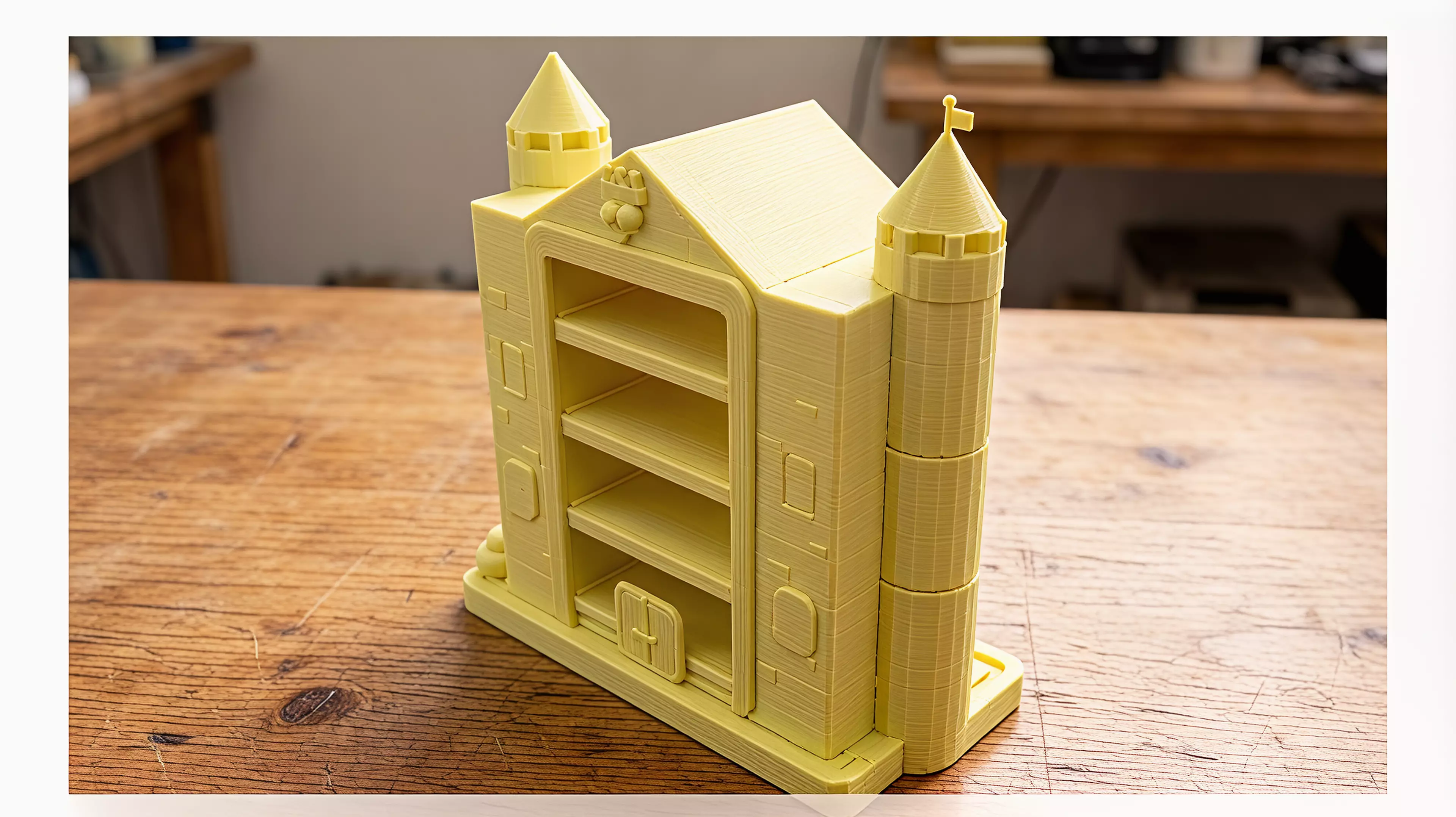 A pastel fantasy-castle display shelf, 380 W × 190 D × ~420 H mm, that holds four NVIDIA DGX Spark units (150 × 150 × 50.5 mm each, ~1.2 kg each) in a four-level, front-and-rear-open chamber flanked by two round towers, printed as ~20 screw-together modules because the whole thing is far larger…