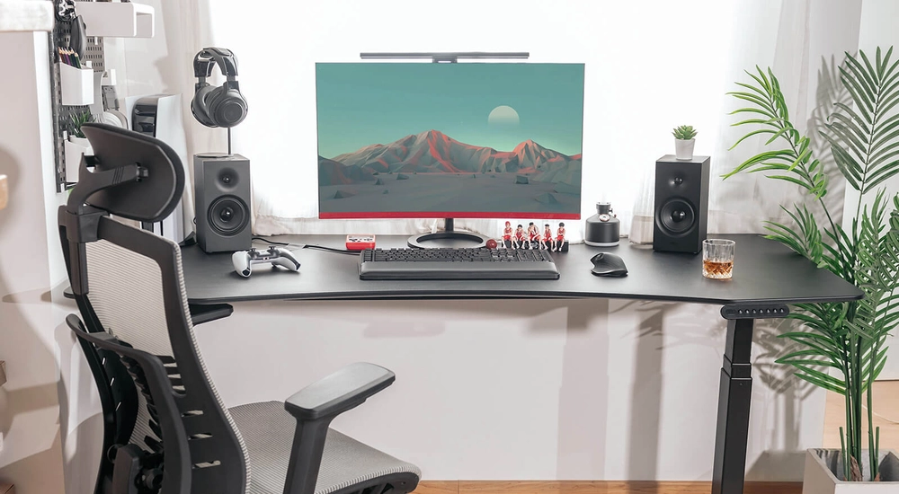 FinerCrafts Standing Desk: Curved Top, Extended Range