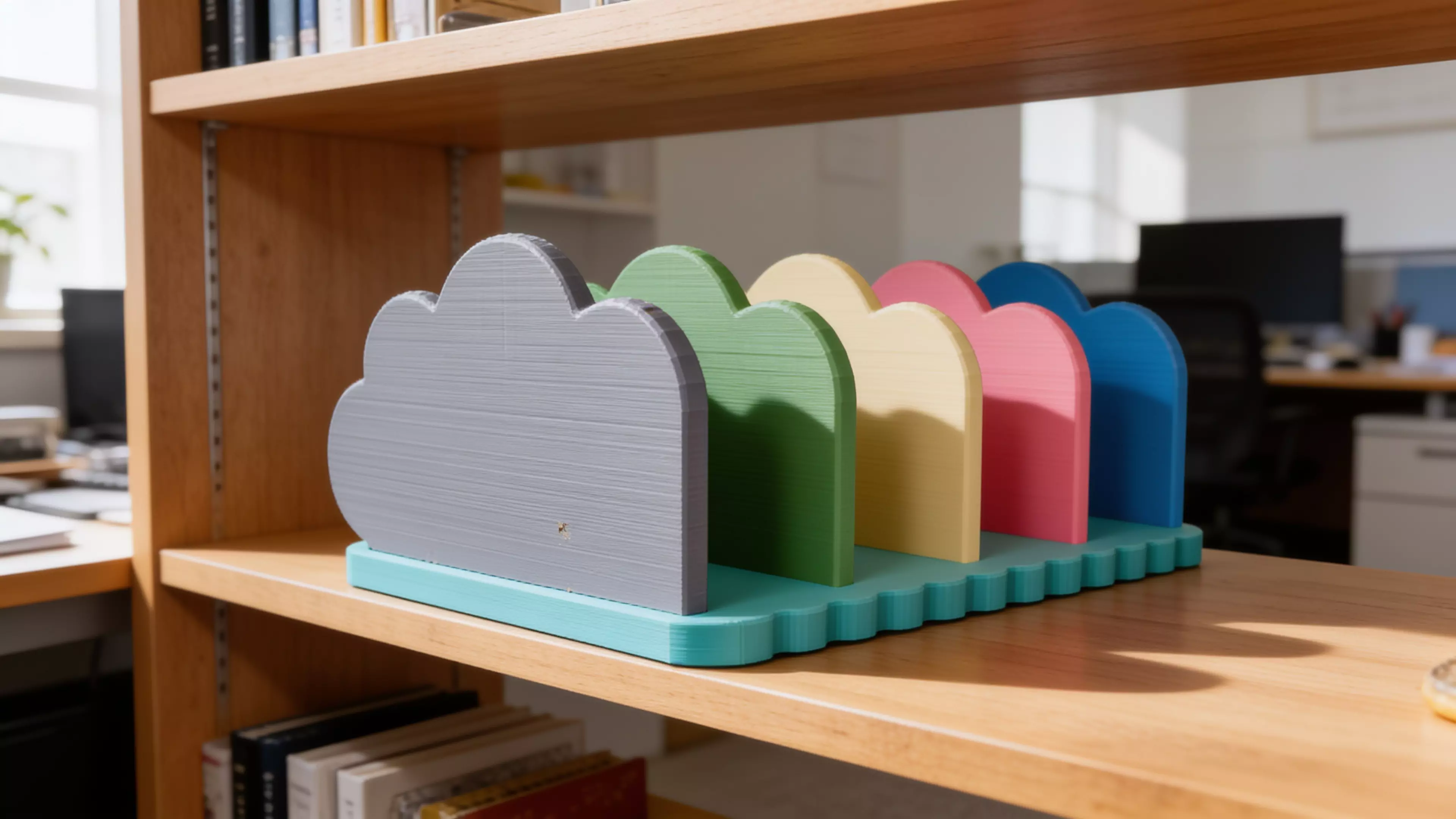 A pastel "cloud" bookshelf rack that holds 4 DGX Spark nodes upright on edge in side-by-side slots, with cloud-silhouette dividers, a scalloped base, and a rear cable-comb rail; 2 unique printed parts (base + 5 identical dividers), assembled overall 246 × 212 × 102 mm.