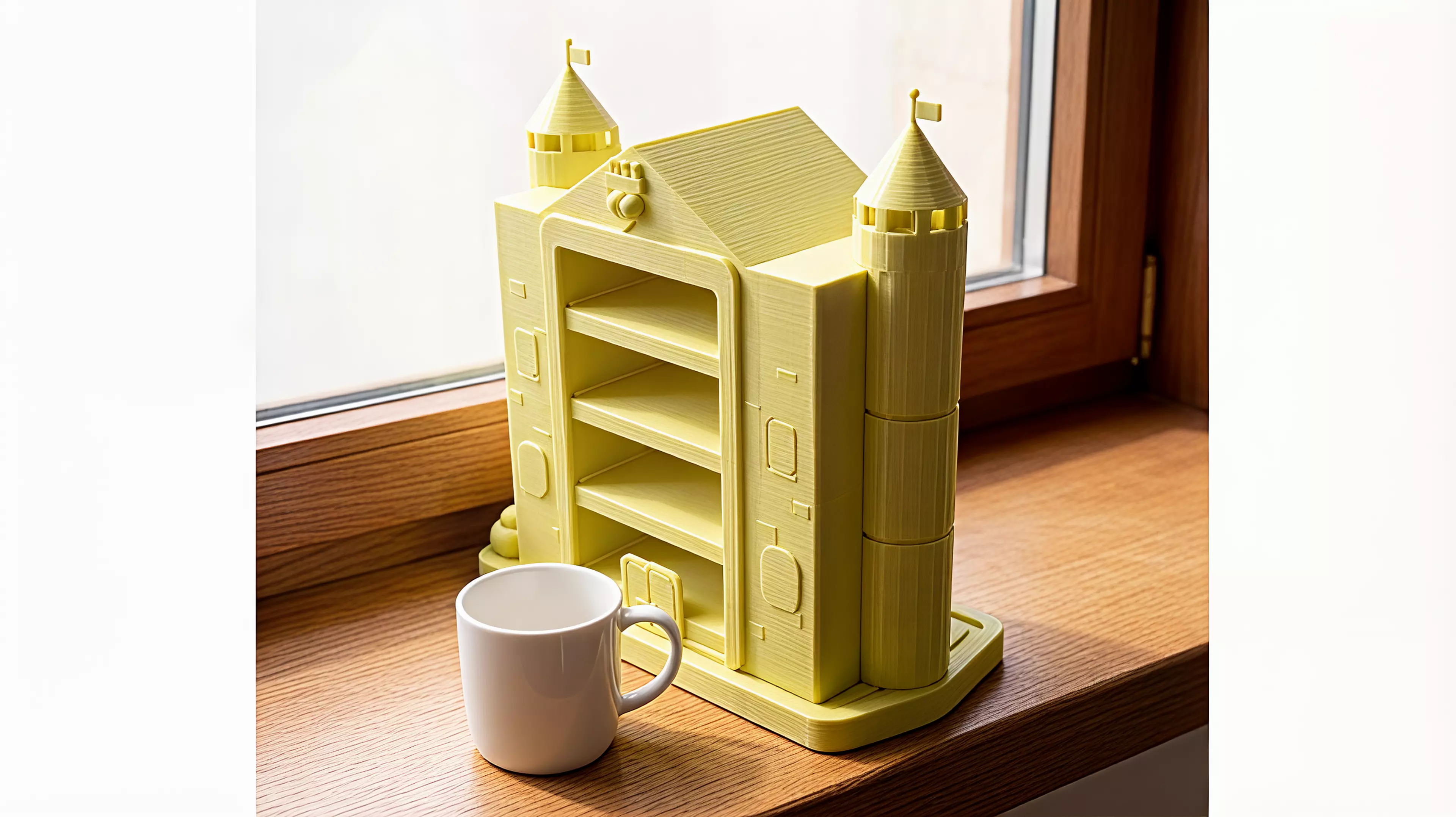 A pastel fantasy-castle display shelf, 380 W × 190 D × ~420 H mm, that holds four NVIDIA DGX Spark units (150 × 150 × 50.5 mm each, ~1.2 kg each) in a four-level, front-and-rear-open chamber flanked by two round towers, printed as ~20 screw-together modules because the whole thing is far larger…