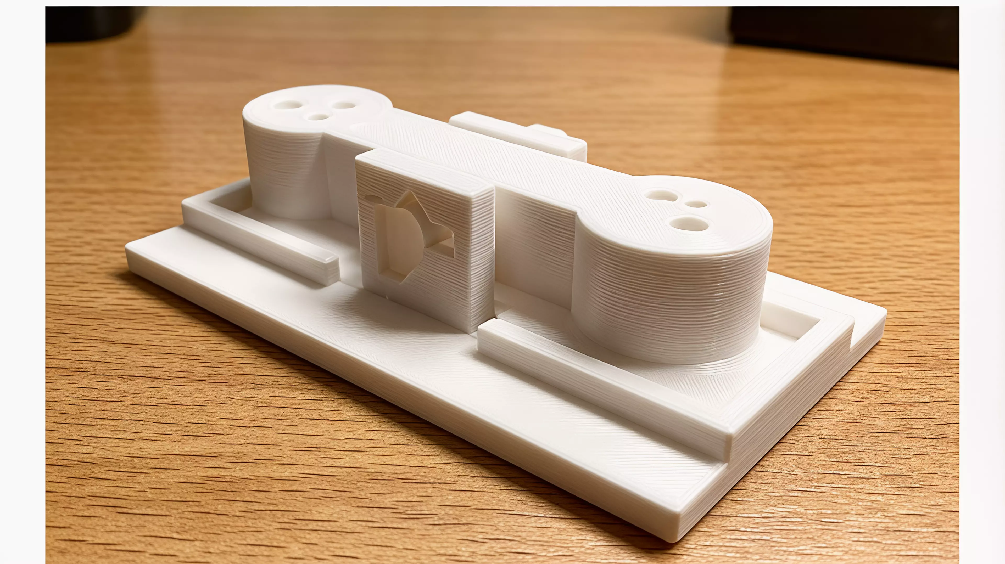 A palm-sized, three-part printable desk mechanism whose exposed rocker makes one cratered moon rise when the other is pressed.