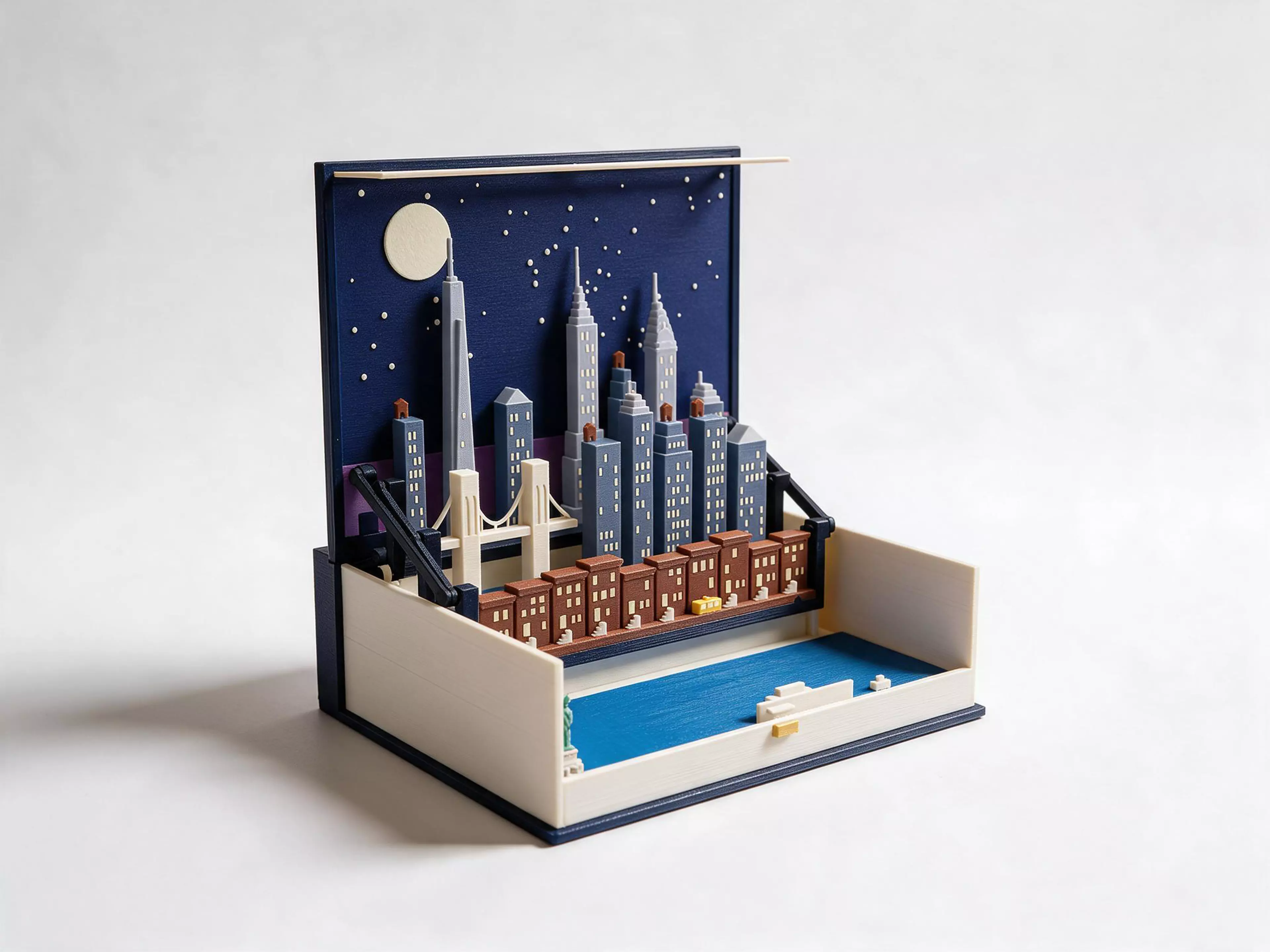 Every city has an hour when the lights come on. Moonlit Atlas keeps it in a book: lift the lid and a skyline rises under a full moon. It arrives assembled with New York mounted, and London, Paris, Tokyo, San Francisco, New Orleans and Los Angeles are add-on city packs that swap in on magnets, so you only get the cities you want. The windows and stars glow in the dark, with no batteries.