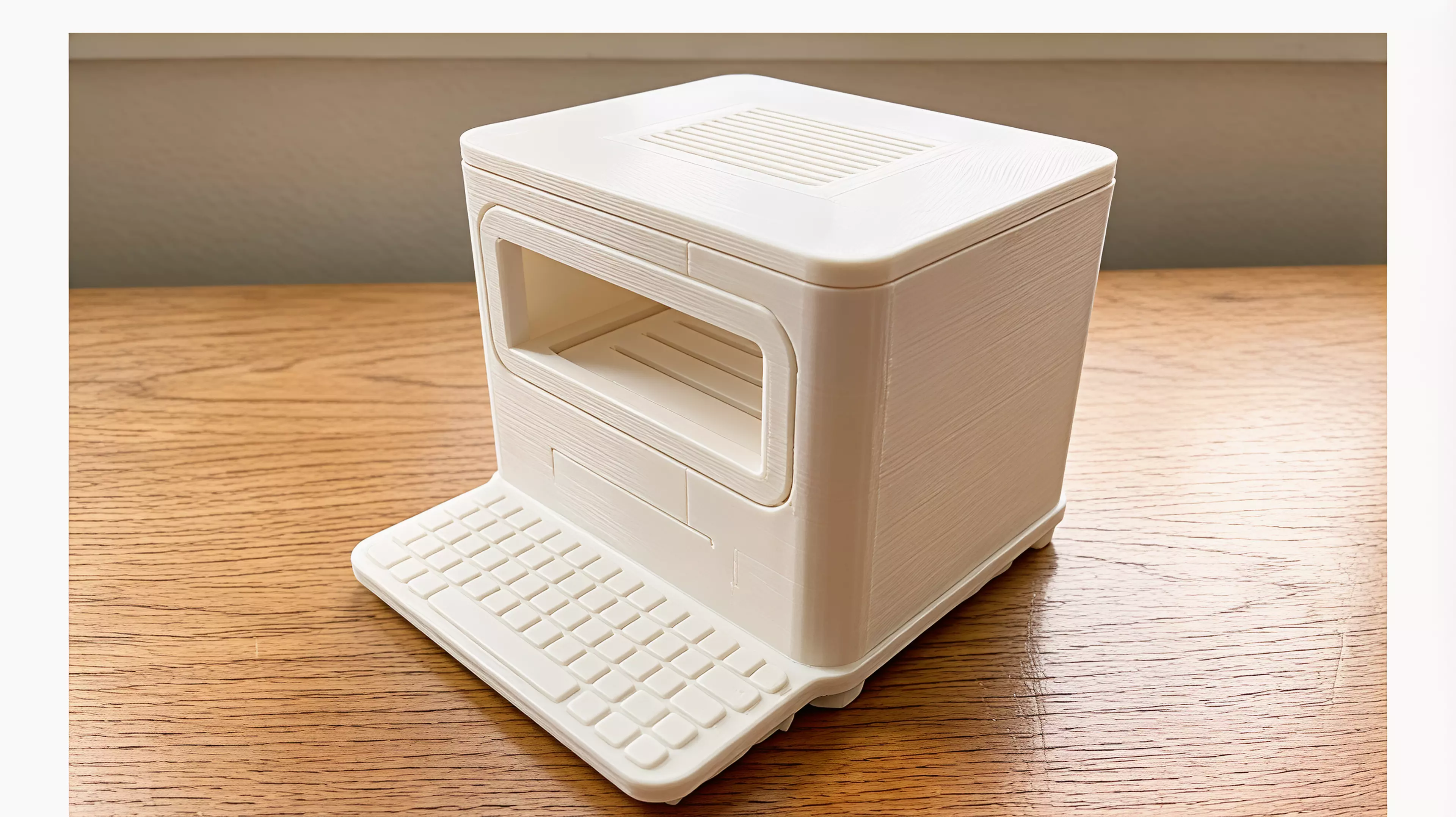 a 220 × 180 × 178 mm Macintosh-silhouette desktop shelf in crisp modern-minimal style, with an open front-to-rear tunnel that holds one NVIDIA DGX Spark (150 × 150 × 50.5 mm) on two internal rails, built as a main body + removable top cover + detachable base plus secondary trim parts.