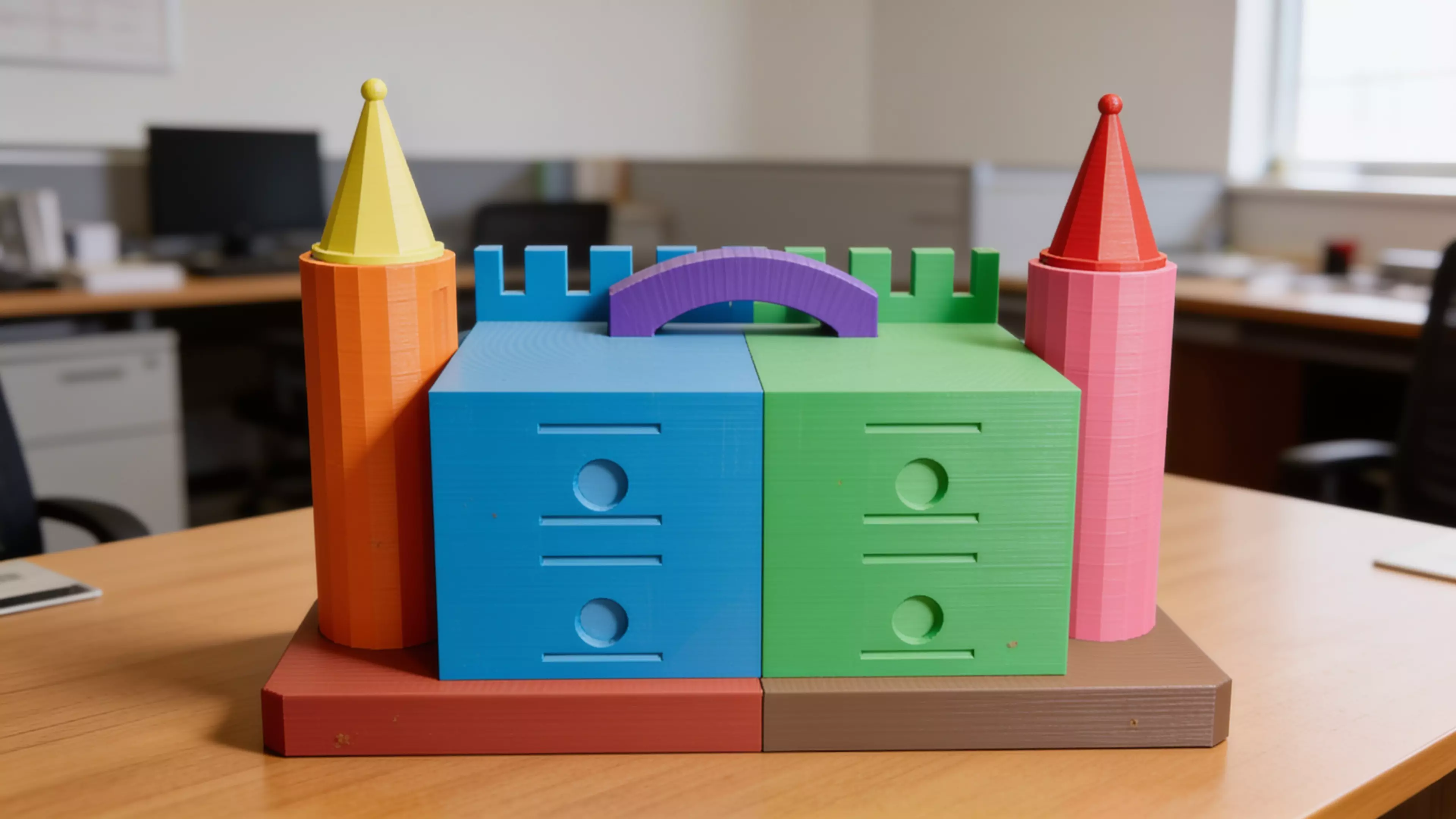 A pearl-white "fairytale-fortress" desktop rack that actually holds four real DGX Sparks (150×150×50.5 mm, 1.2 kg each) in a 2×2 slide-in grid, built from 9 printed modules that bolt together with hidden M4 hardware.