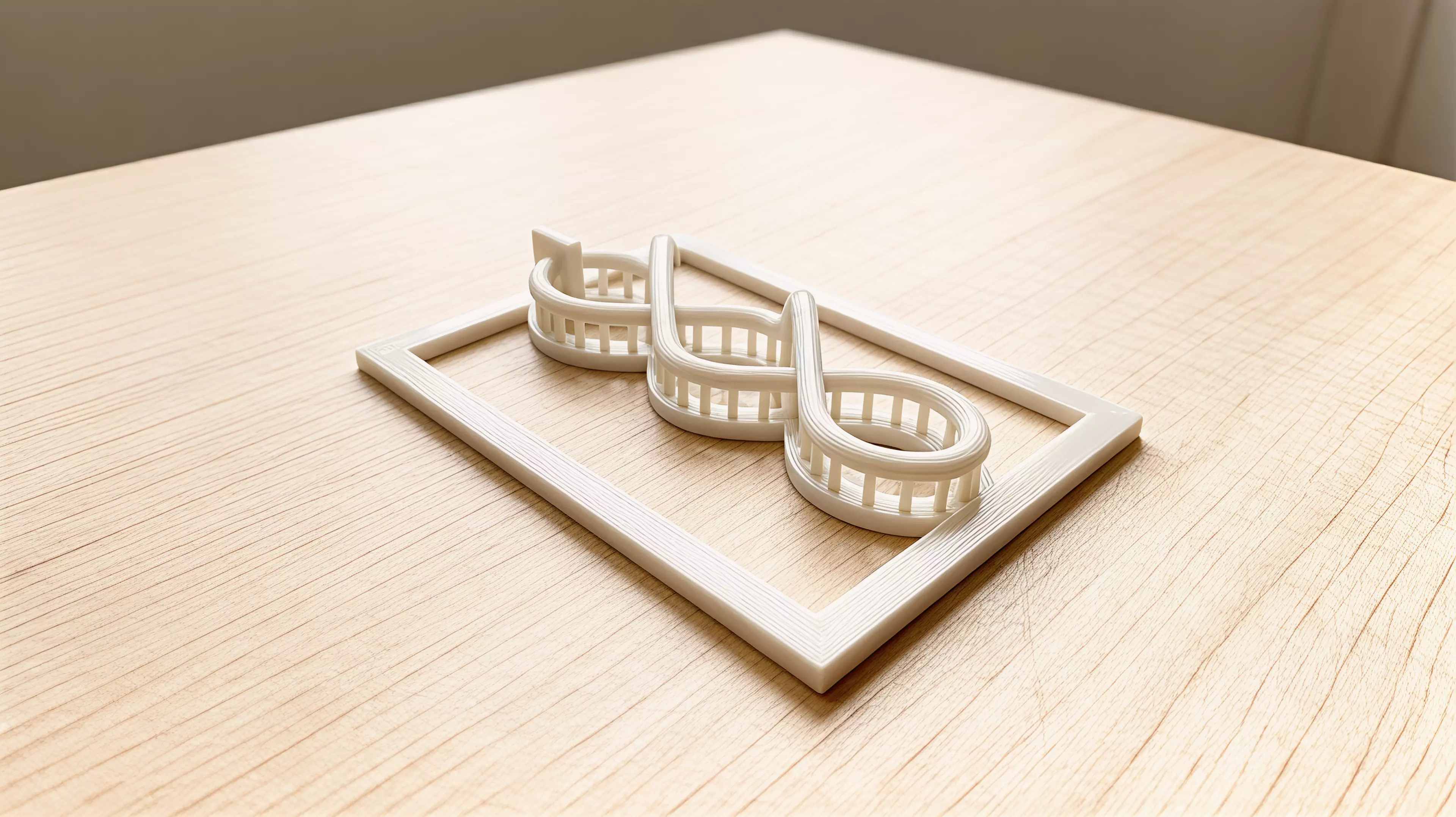 A one-handed print-in-place desk toy whose captive moon runner follows one fully visible braided figure-eight route through two separated bridges and returns home by continued thumb motion.