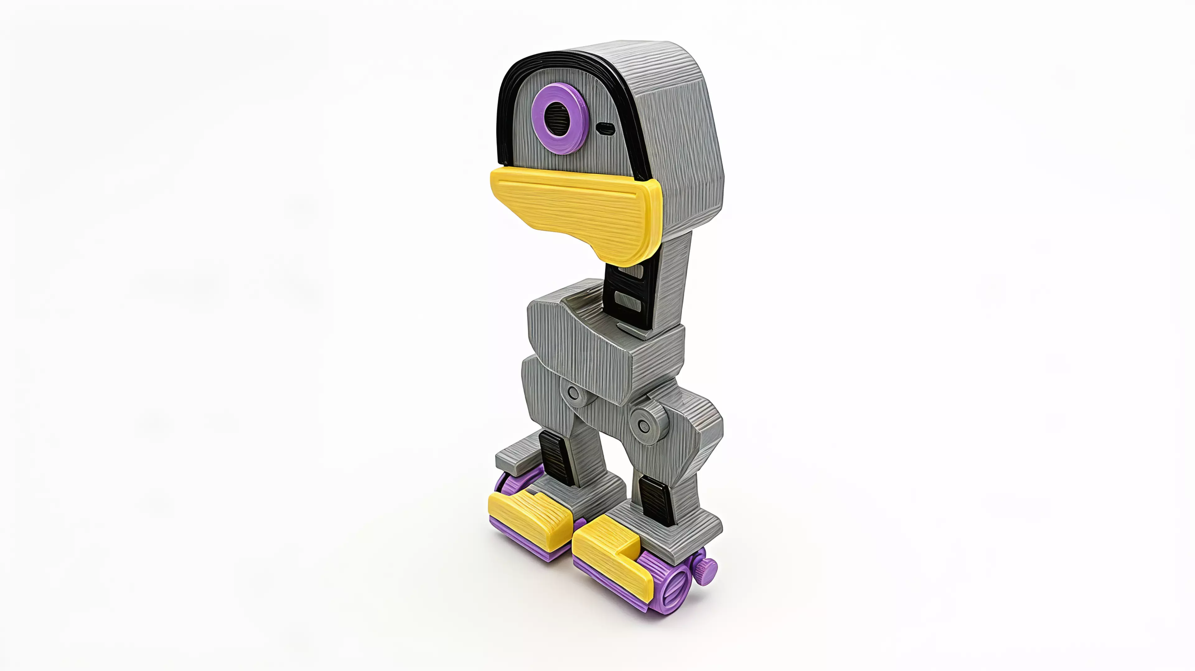 A grey robot duck with a yellow bill, purple details and a side winding knob. A replaceable silicone cord stores the twist that drives its small wheels.