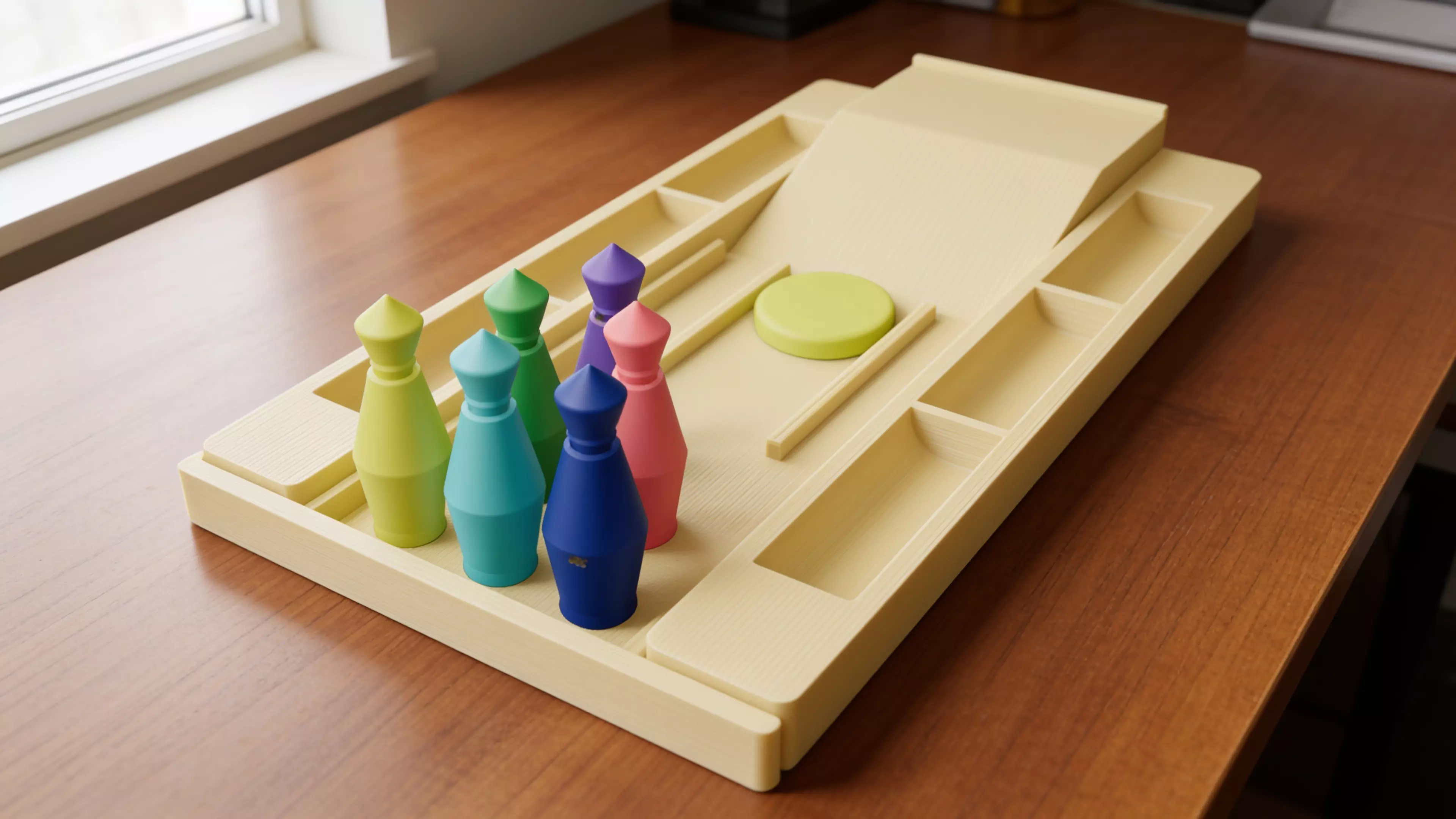 A pocket bowling toy: a lane tray that ramps into a flick-launch pad and doubles as nested storage, six molded pins in a 3-2-1 triangle, and one flick disc — flick the disc off the ramp to send it down the lane into the pins.