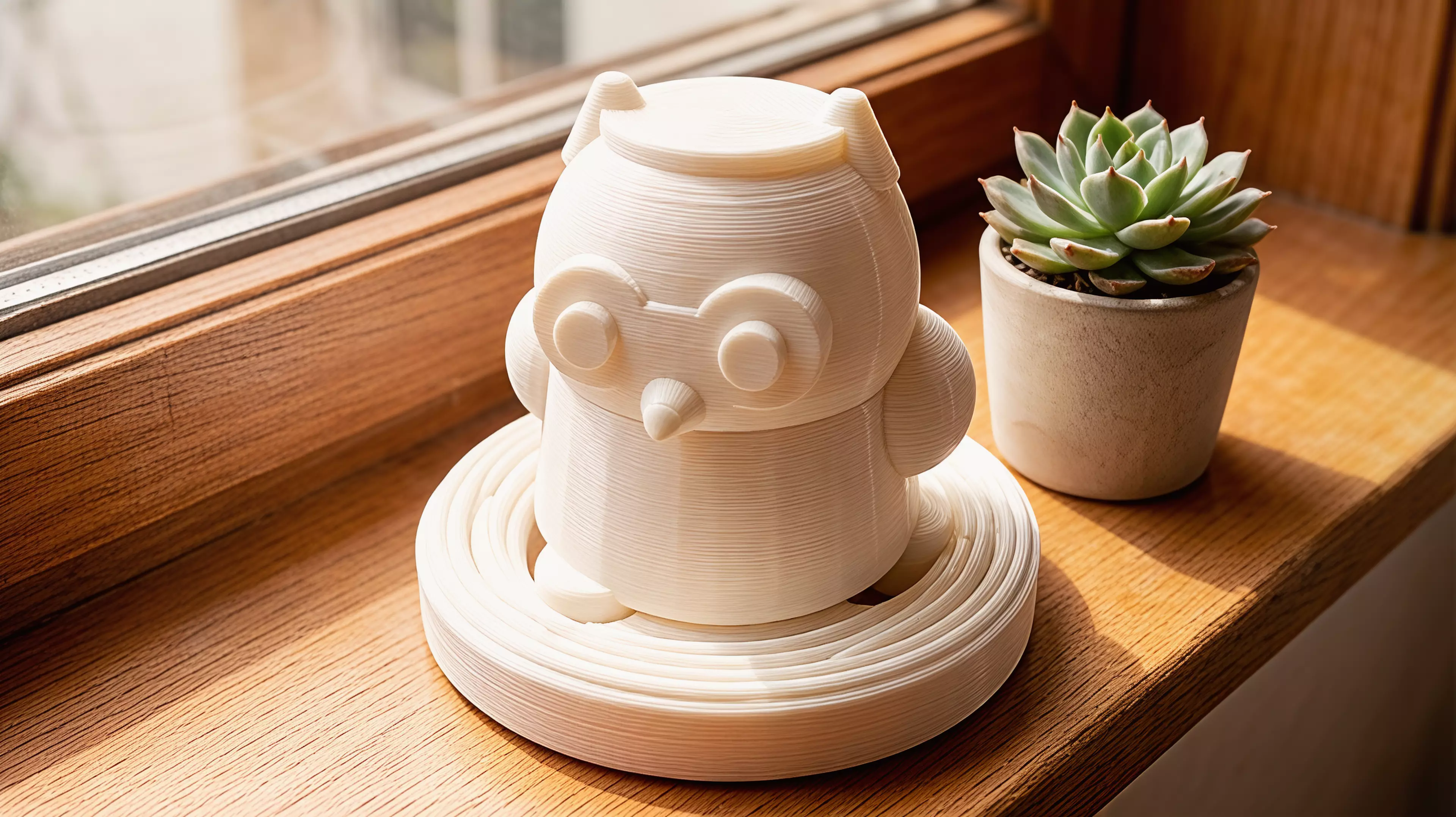 A two-part printable owl that turns about 30 degrees as three shaped feet descend through a reversible curved nest; flipping the nest reverses the turn.