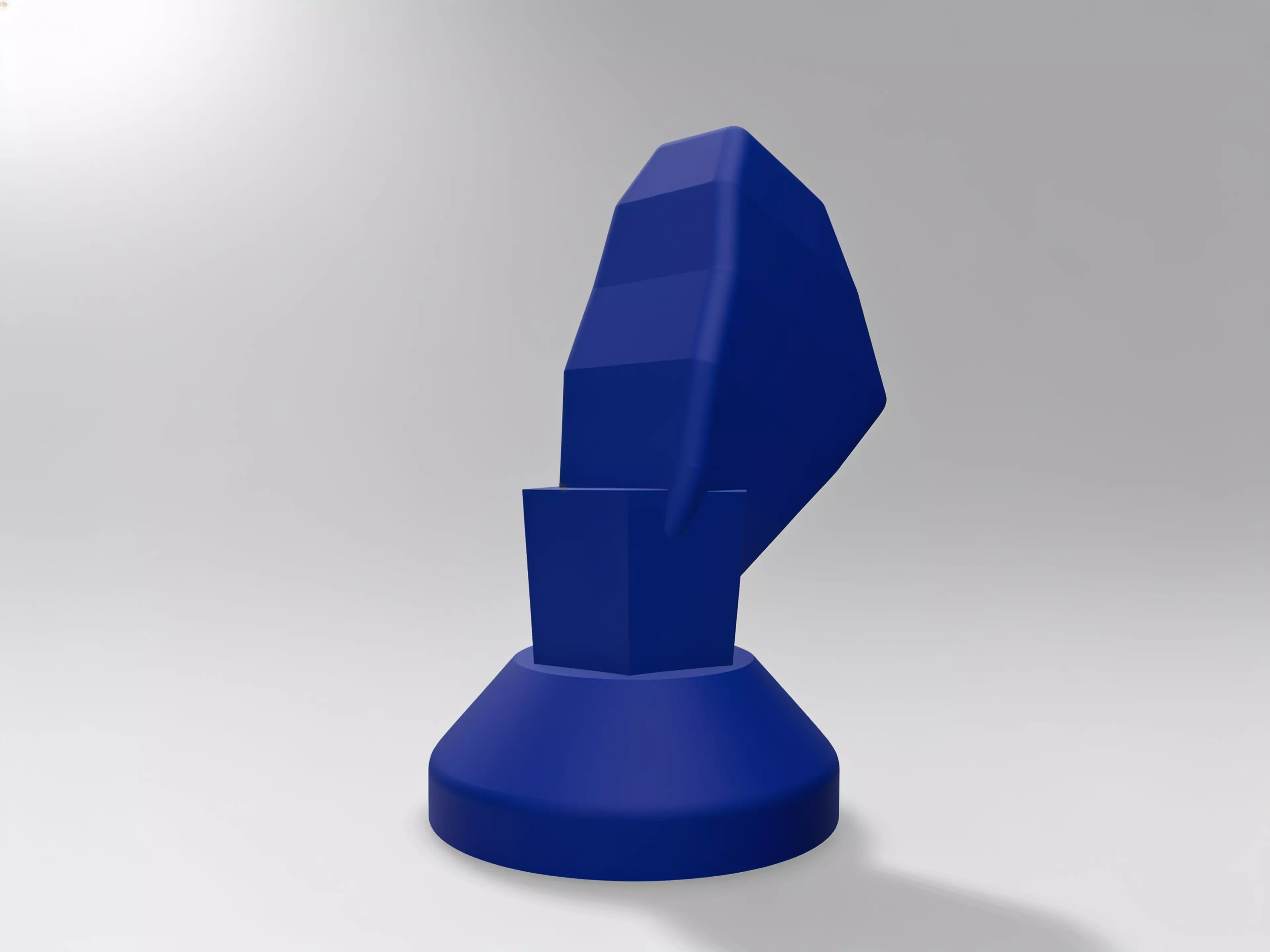 A modern-minimalist, low-poly chess Knight sized for a standard tournament set (King ≈ 95 mm reference), printed as one solid faceted piece with a felt-pad recess base.