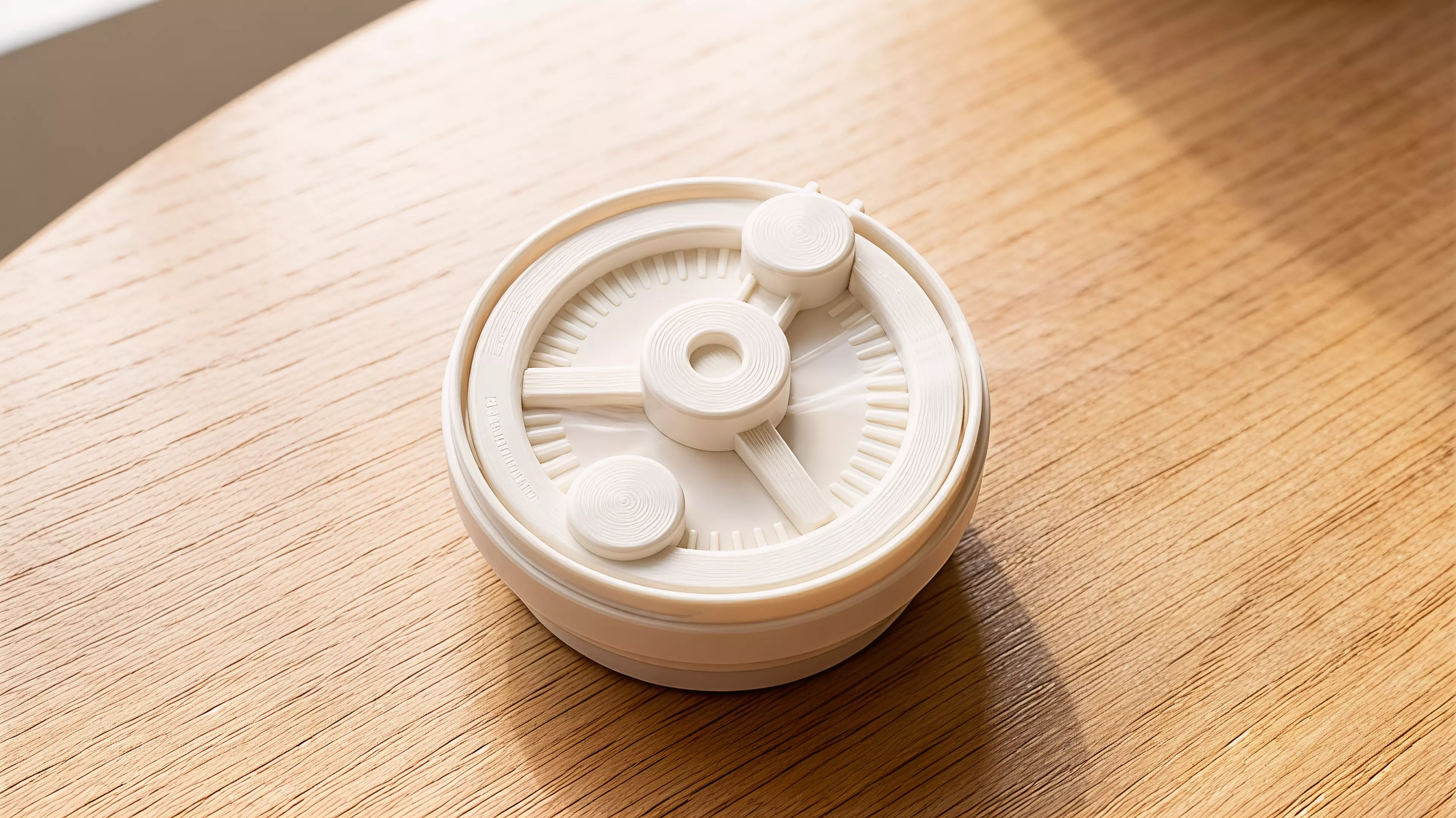 A palm-size, hand-powered desktop sound toy whose broad wheel carries a captive rounded gravity plectrum across three visibly different printed rib fields in the continuous sequence rain, frog-song, and crickets.