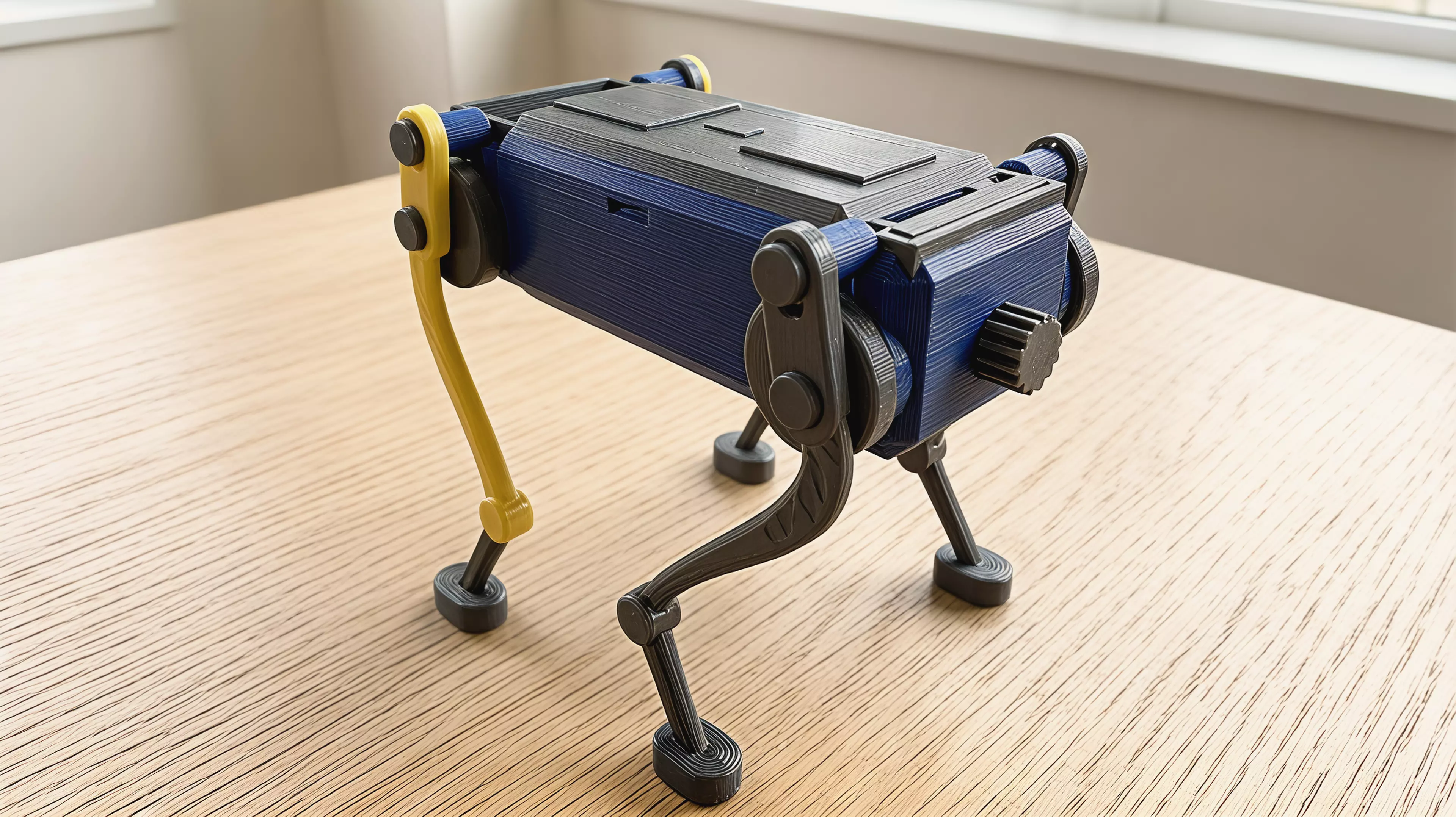 A palm-size wind-up walker. Twist the knob at the back to wind it up, set it down, and it trots forward on four legs with a smooth, life-like gait - no batteries, no motors. The rubber band inside drives two crankshafts that swing the legs in turn, so it keeps its balance step after step. Every part is 3D printed.