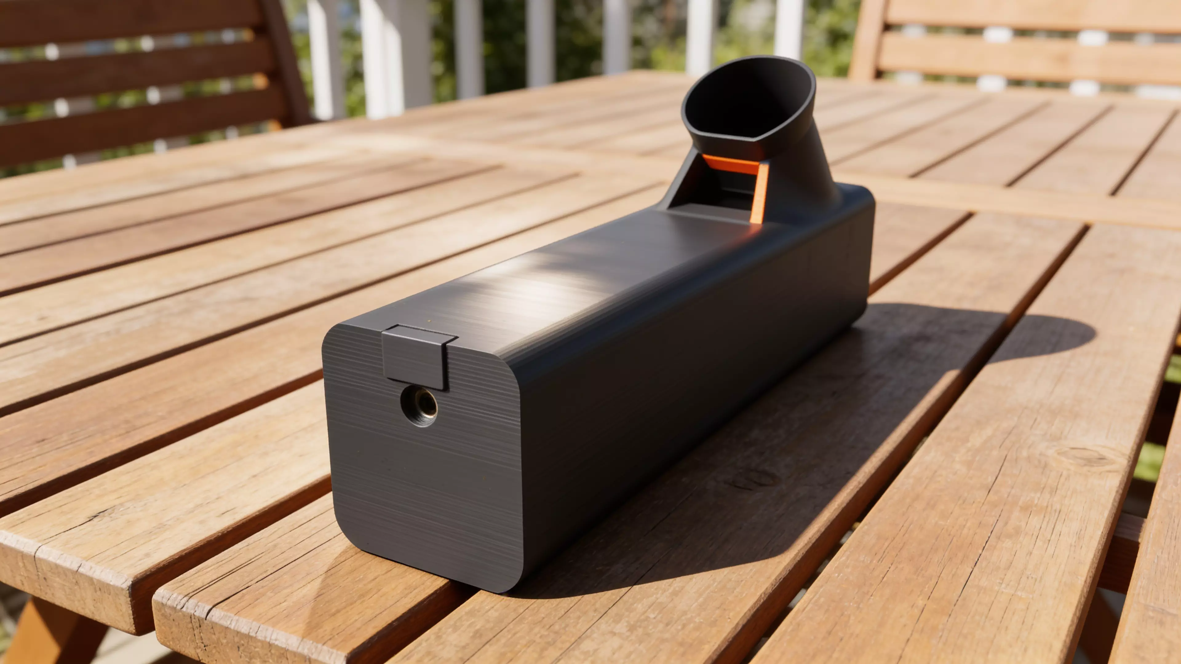 A pocket observatory for eclipse day: point it sunward, shrink the orange tab’s shadow to a dot, and a crisp solar crescent appears on the internal screen — you never look at the sun. Optics-calibrated 0.7 mm pinhole, 55° glare-hooded eyepiece, prints in one piece with zero supports in ~8.5 h. 152 × 38 × 74 mm, PLA.