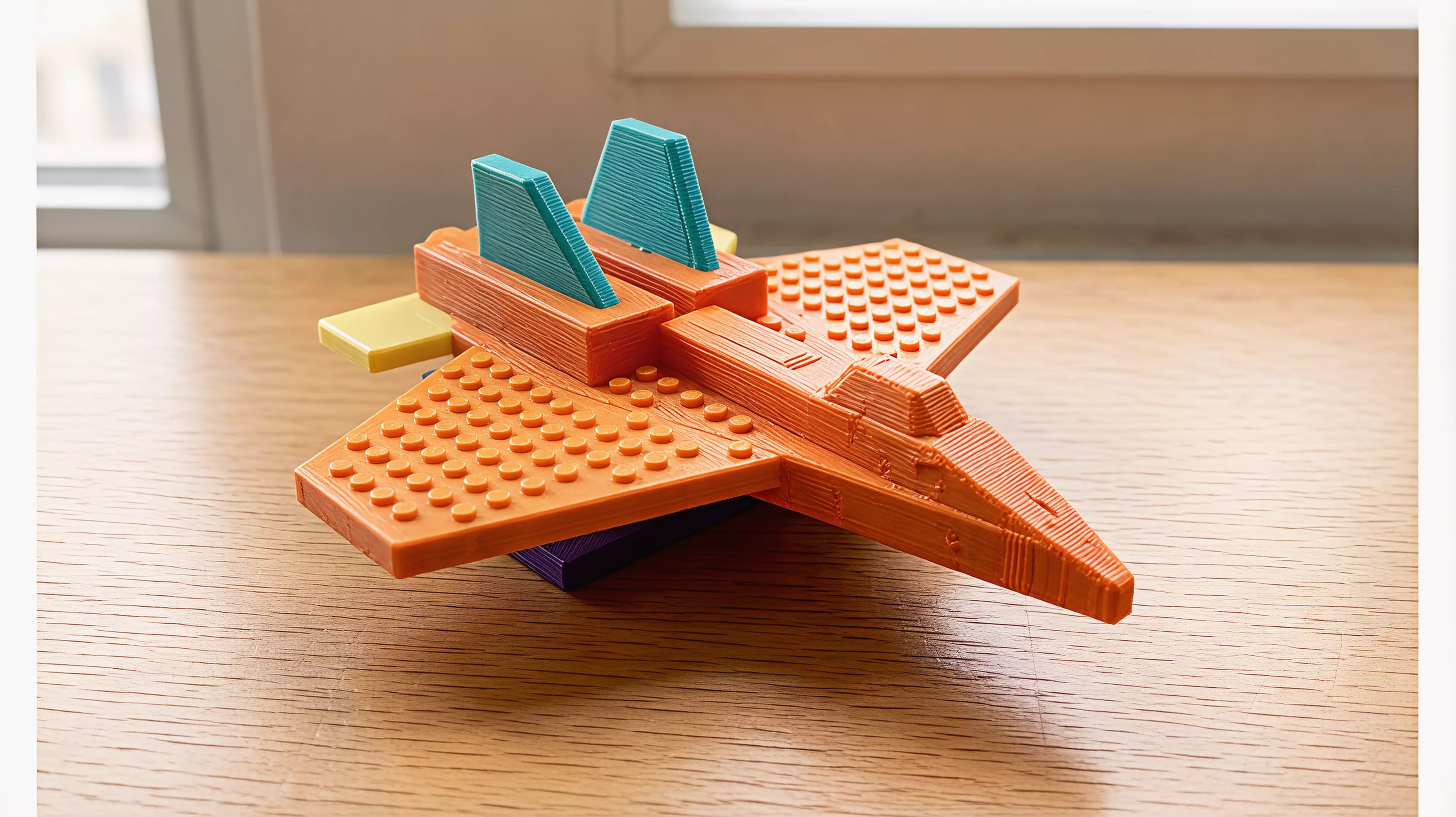 A single-piece, stylized F-14 Tomcat brick-jet (set-c aggressive wedges) with a LEGO-standard stud grid on its upper surfaces so real System bricks/plates clutch on; flat belly for desk display. Printed belly-down, PLA, supports on.