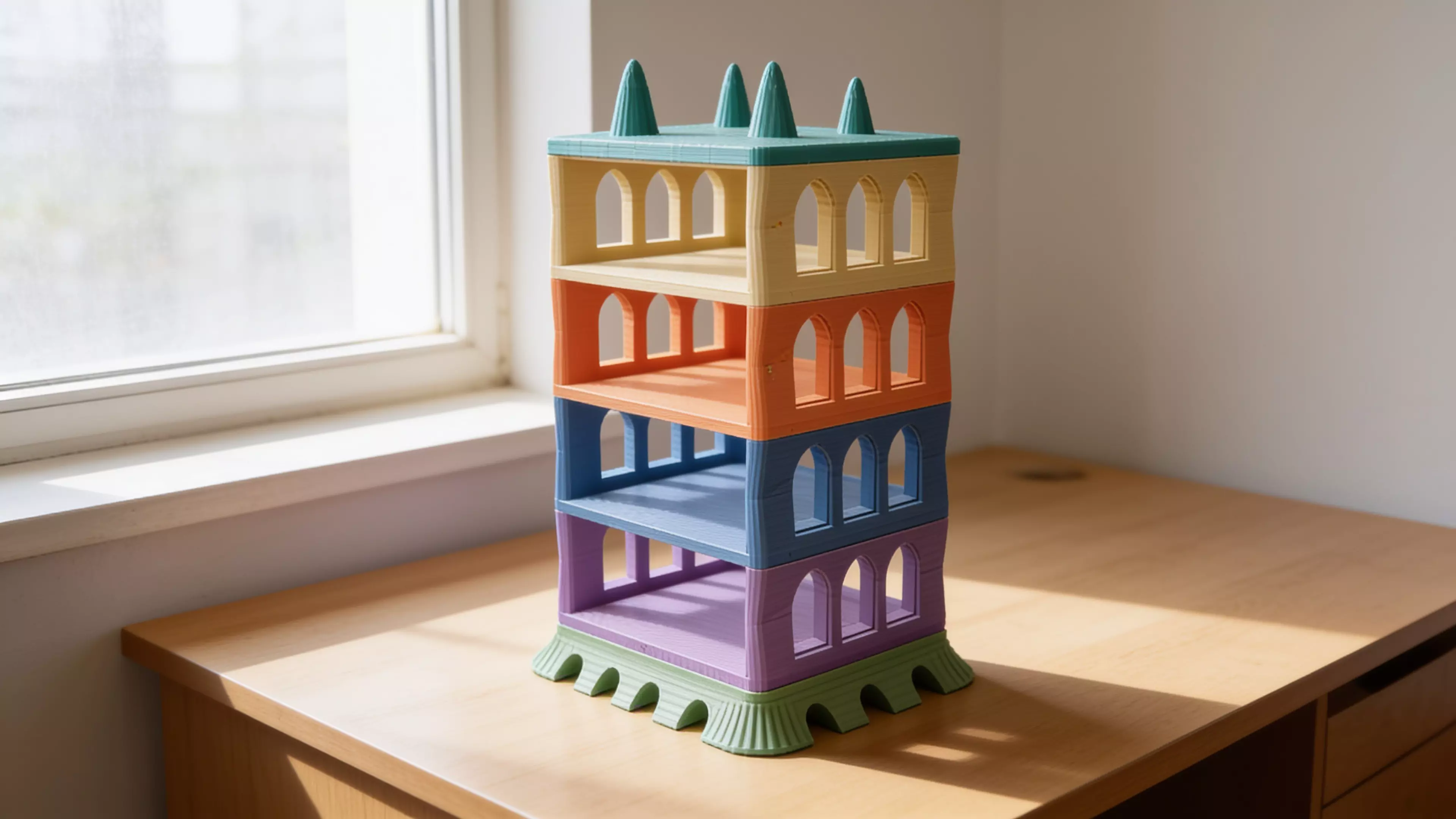 A freestanding 6-piece sculptural tower — splayed organic plinth, four identical catenary-arch bay modules that each cradle one DGX Spark on an open slide-in shelf, and a four-pinnacle parabolic crown — in matte bone-tone PLA, 210 × 170 × 309 mm assembled.